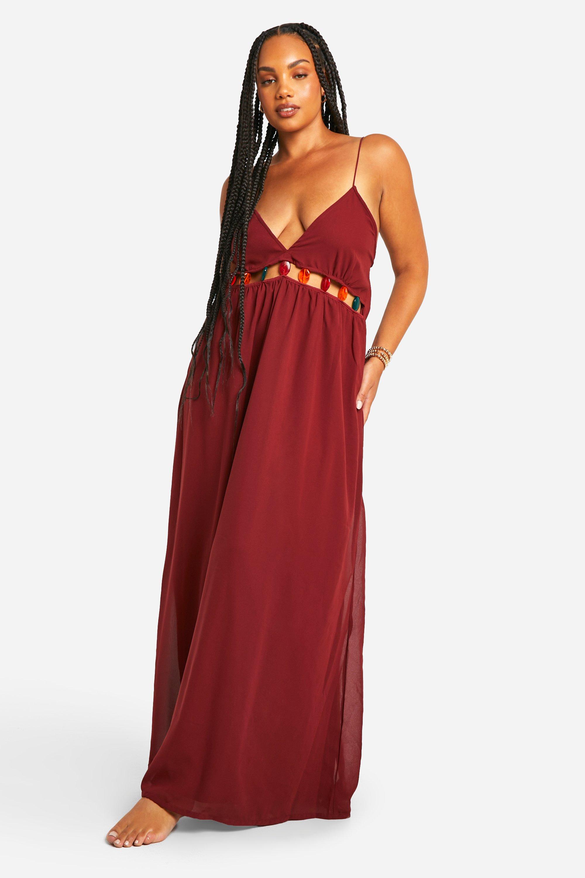 Boohoo Plus Maxi Strand Jurk Met Kraaltjes, Dark Red