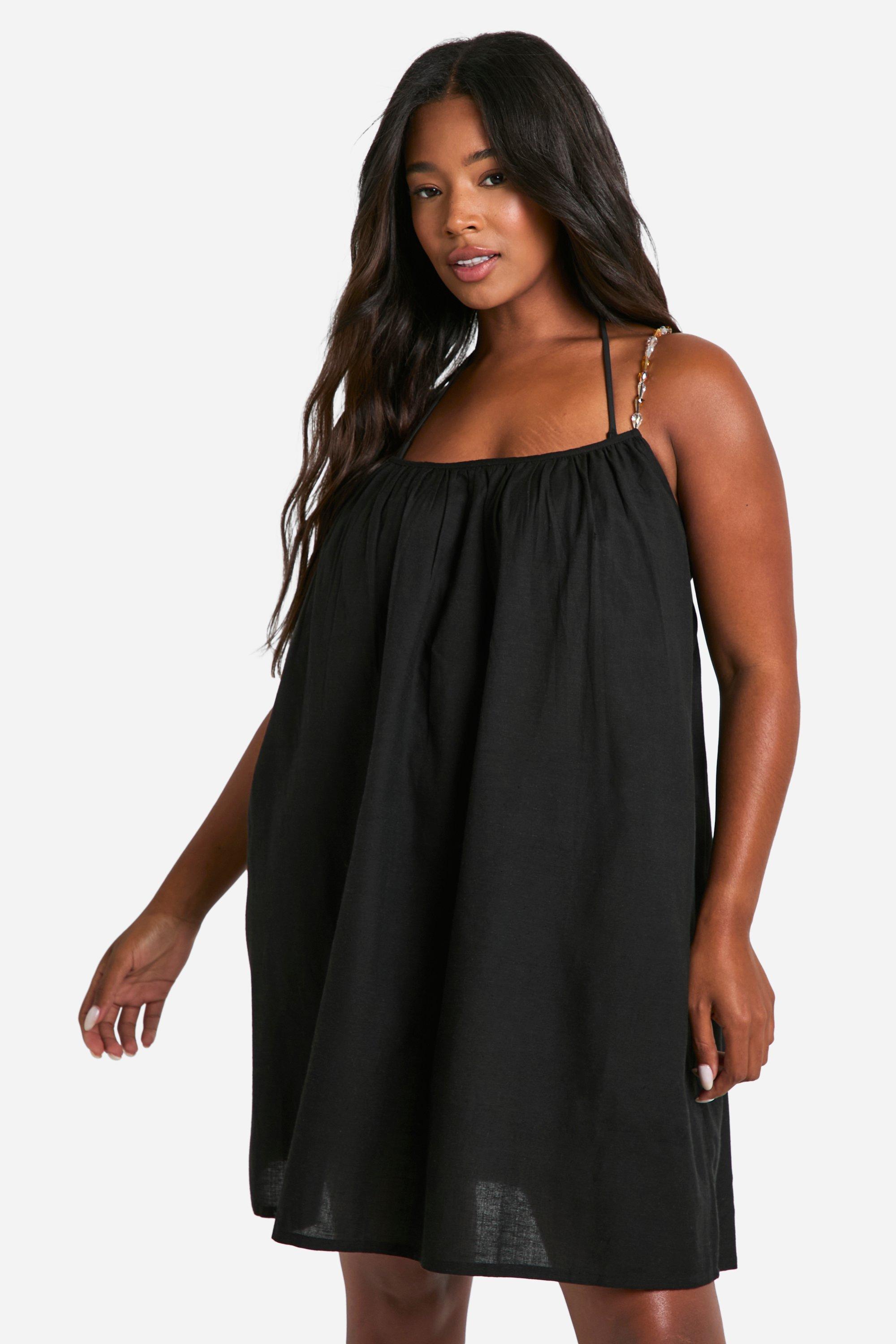 Boohoo Plus Mini Strand Jurk Met Kraaltjes En Bandjes, Black