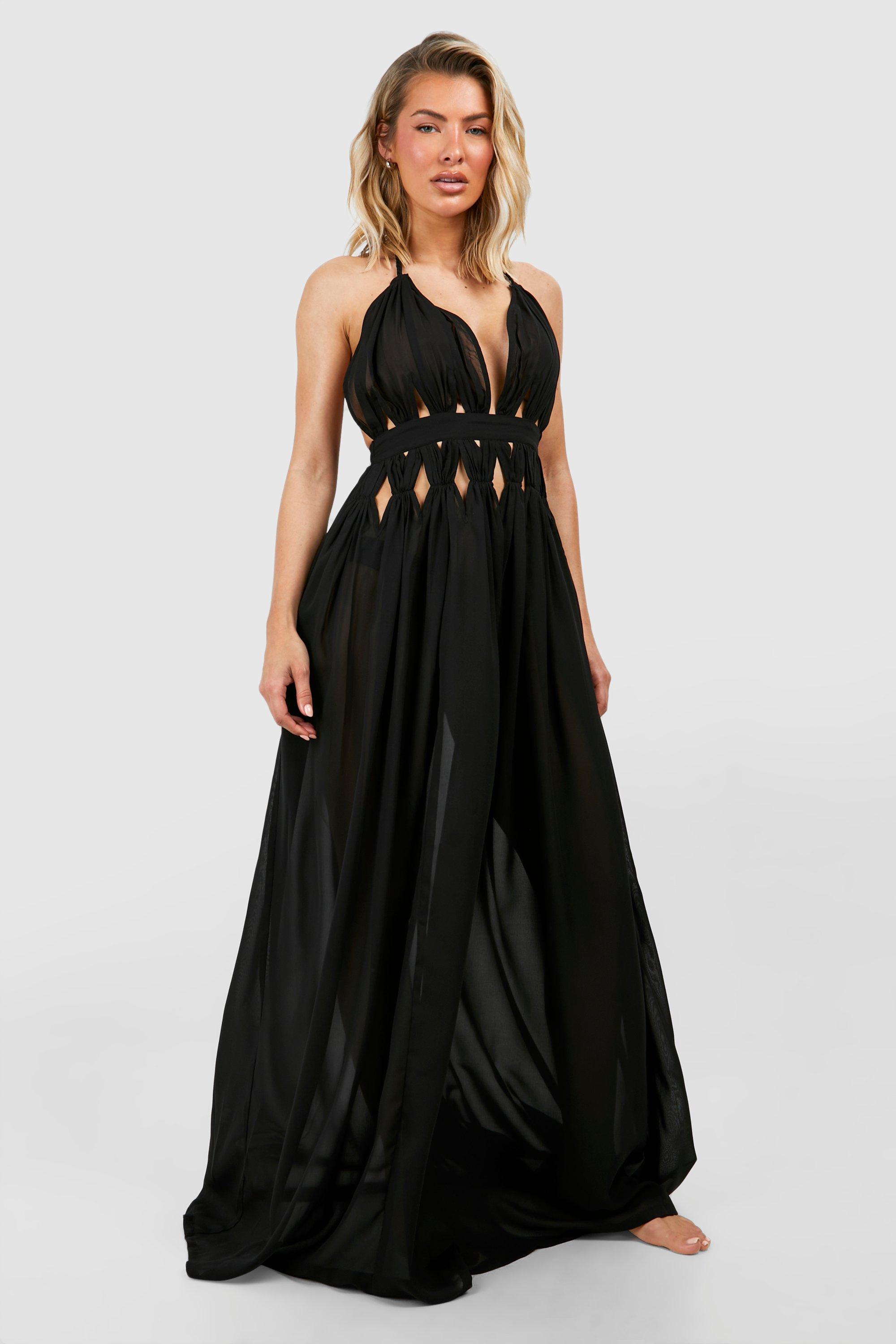 Boohoo Touwen Maxi Strand Jurk Met Halter Neck, Black