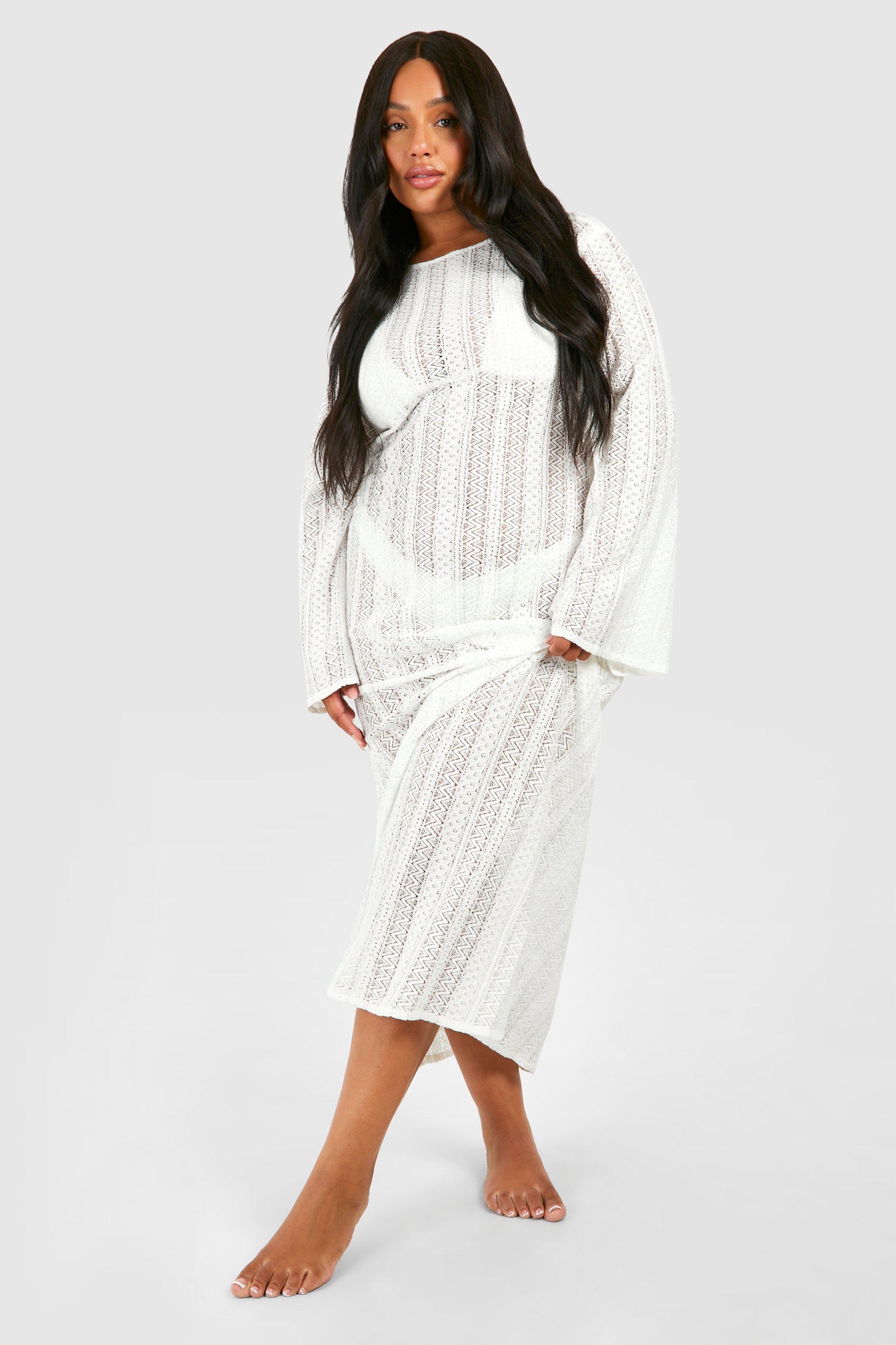 Boohoo Plus Gehaakte Maxi Strand Jurk Met Strik, Cream