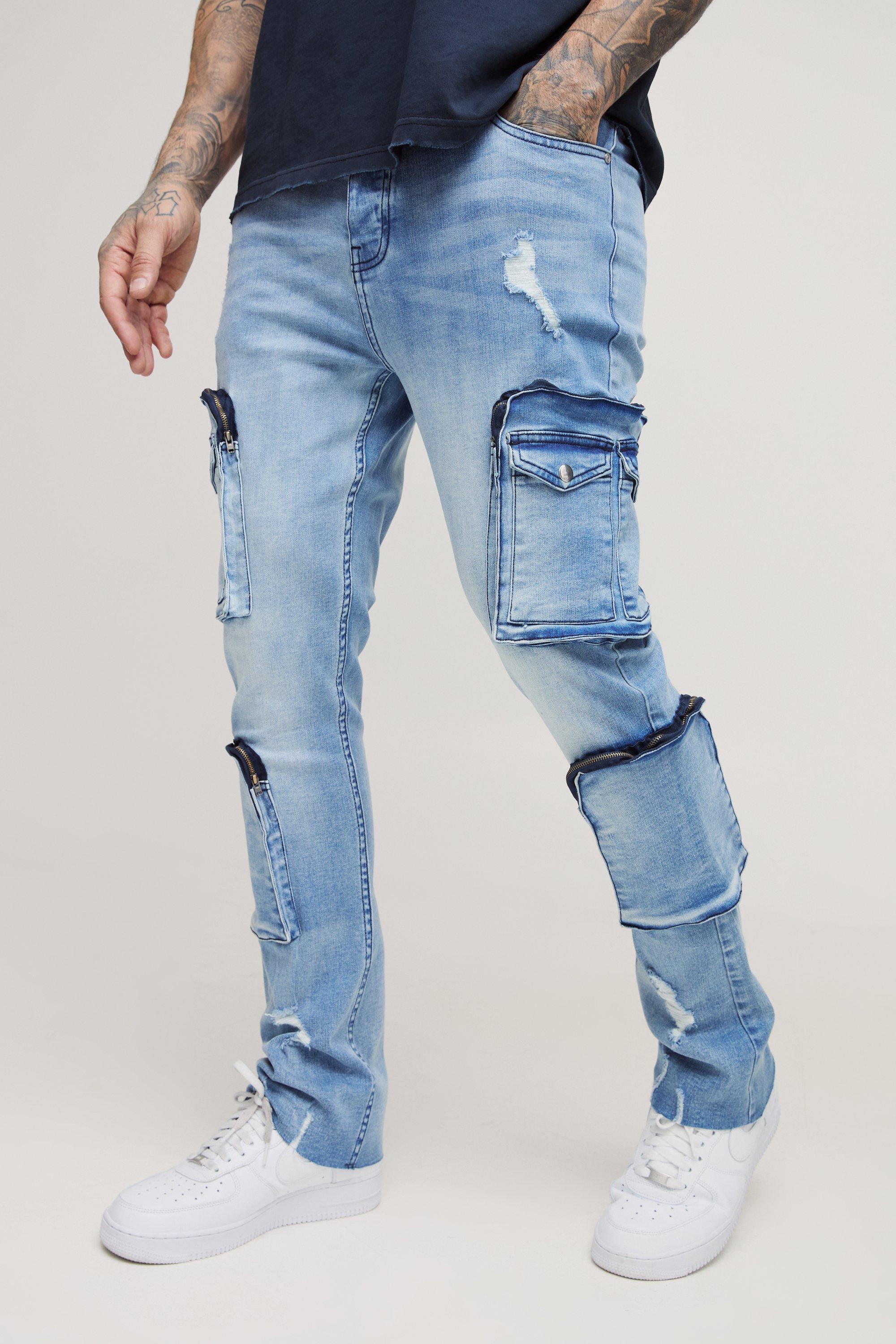 Boohoo Tall Gescheurde Stretch Skinny Cargo Flared Cargo Jeans Met Onbewerkte Naaddetail, Mid Wash