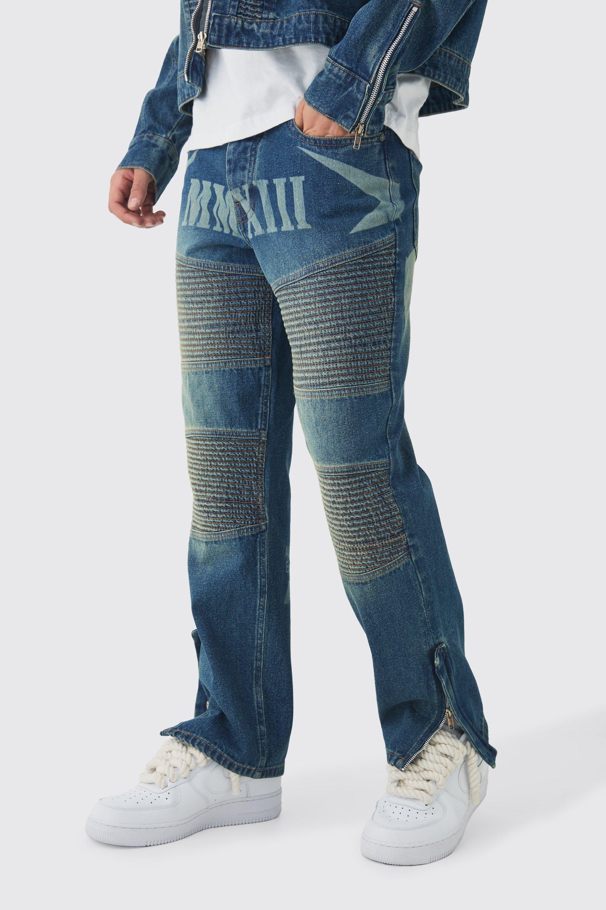 Boohoo Laser Print Moto Star Jeans Met Rechte Pijpen, Vintage Blue