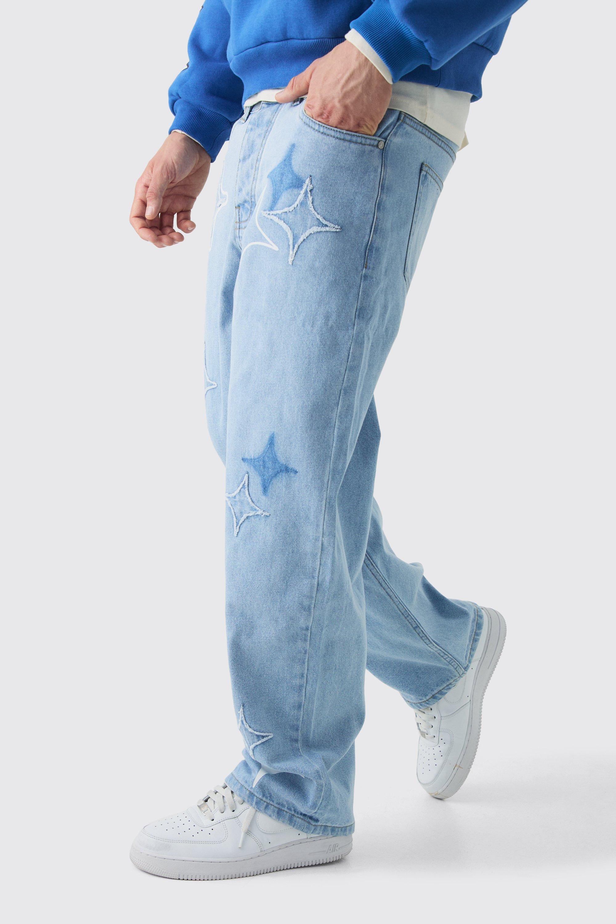 Boohoo Onbewerkte Baggy Sterren Jeans, Light Blue