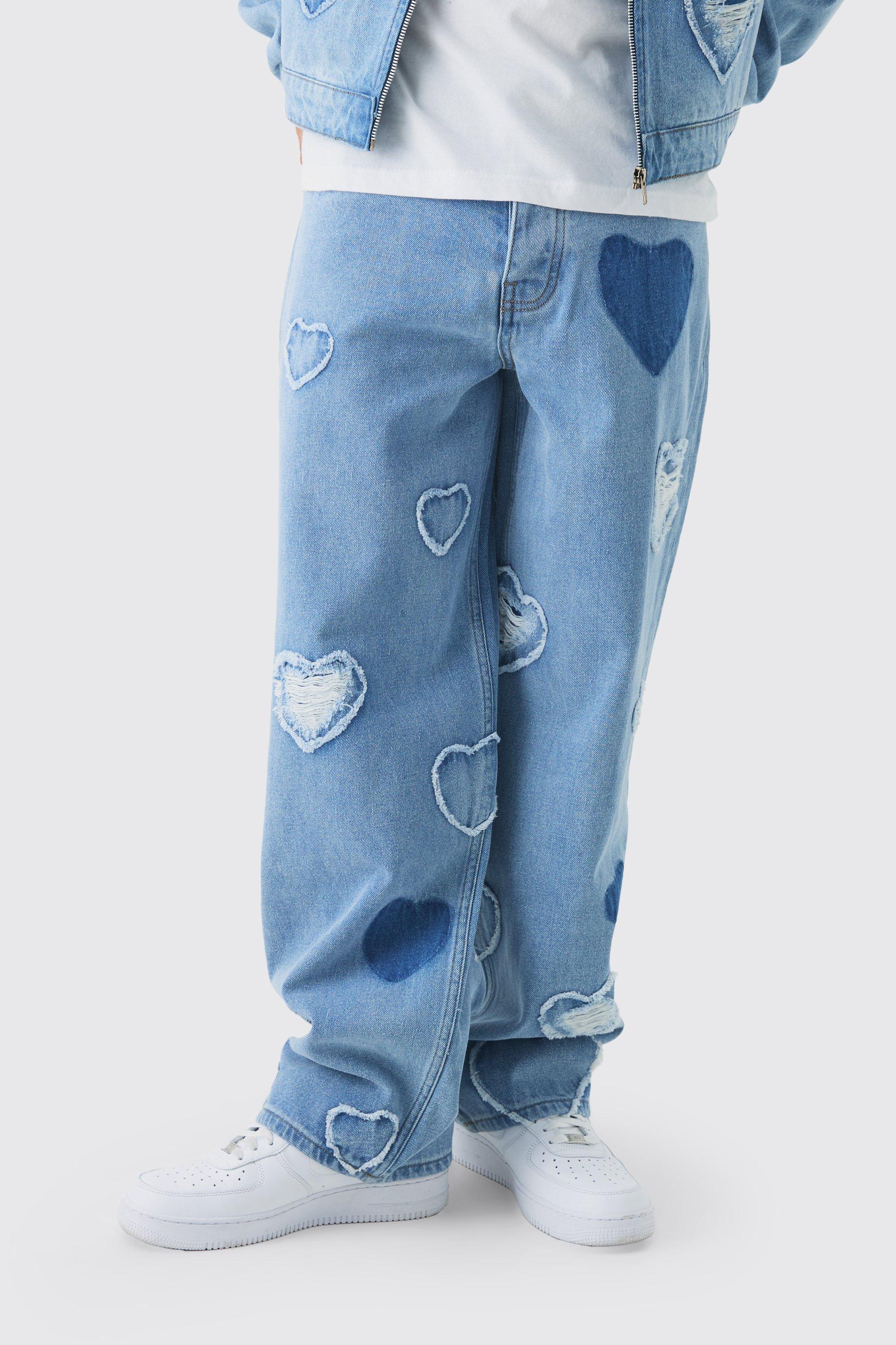 Boohoo Onbewerkte Baggy Hartjes Jeans, Light Blue