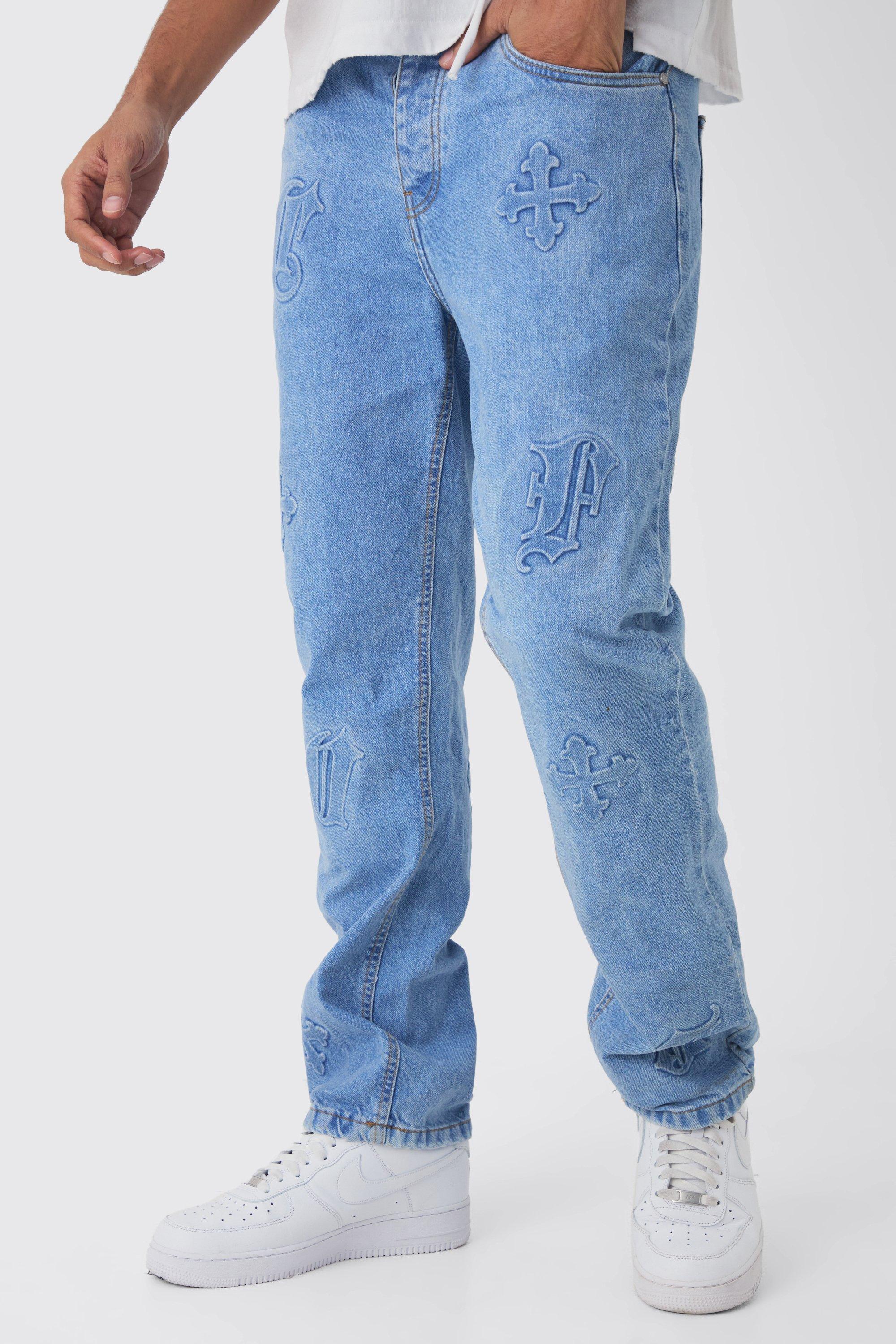 Boohoo Jeans Met Rechte Pijpen En Gekruiste Reliëf, Light Blue