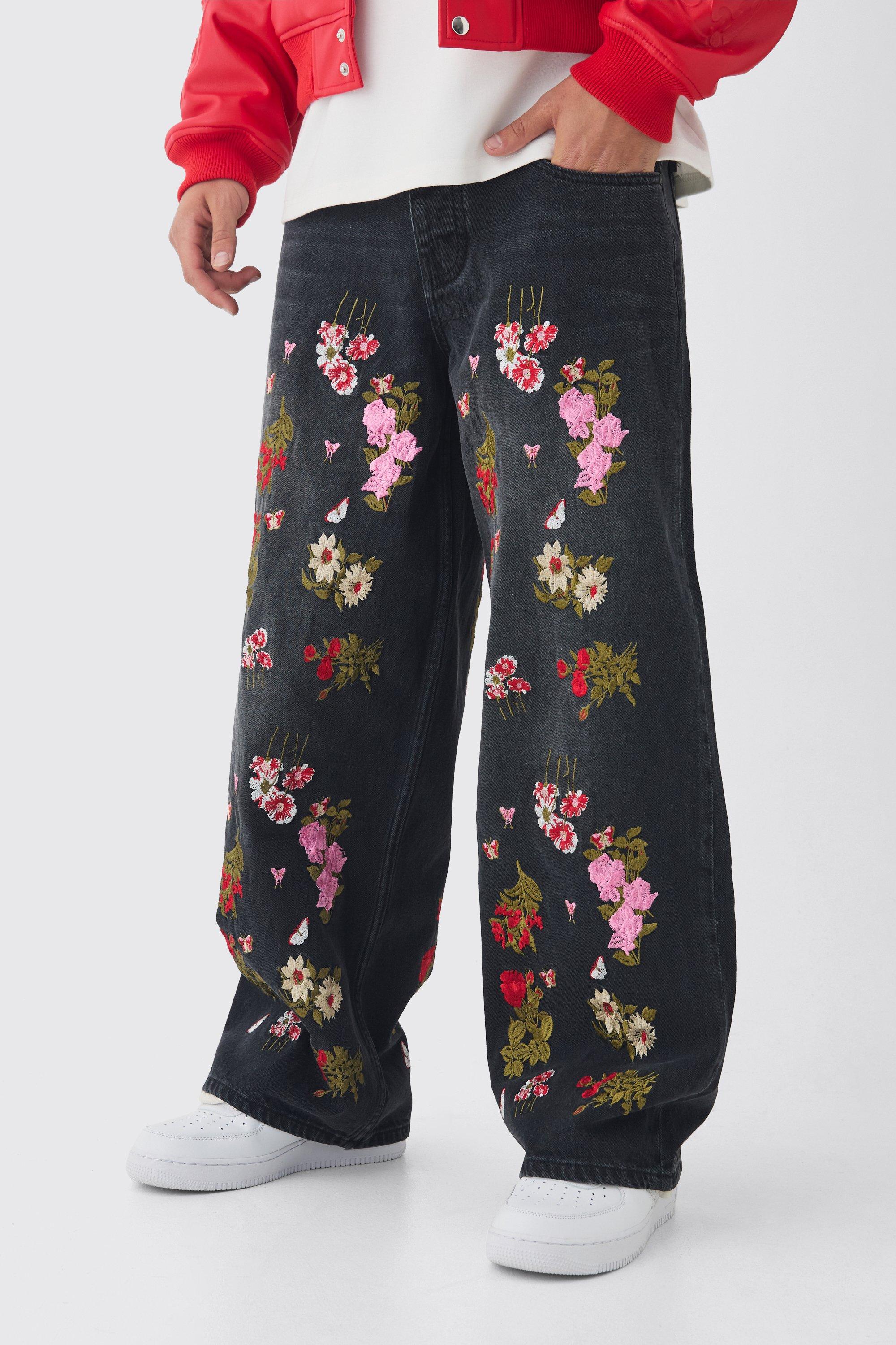 Boohoo Onbewerkte Geborduurde Baggy Bloemen Jeans, Washed Black