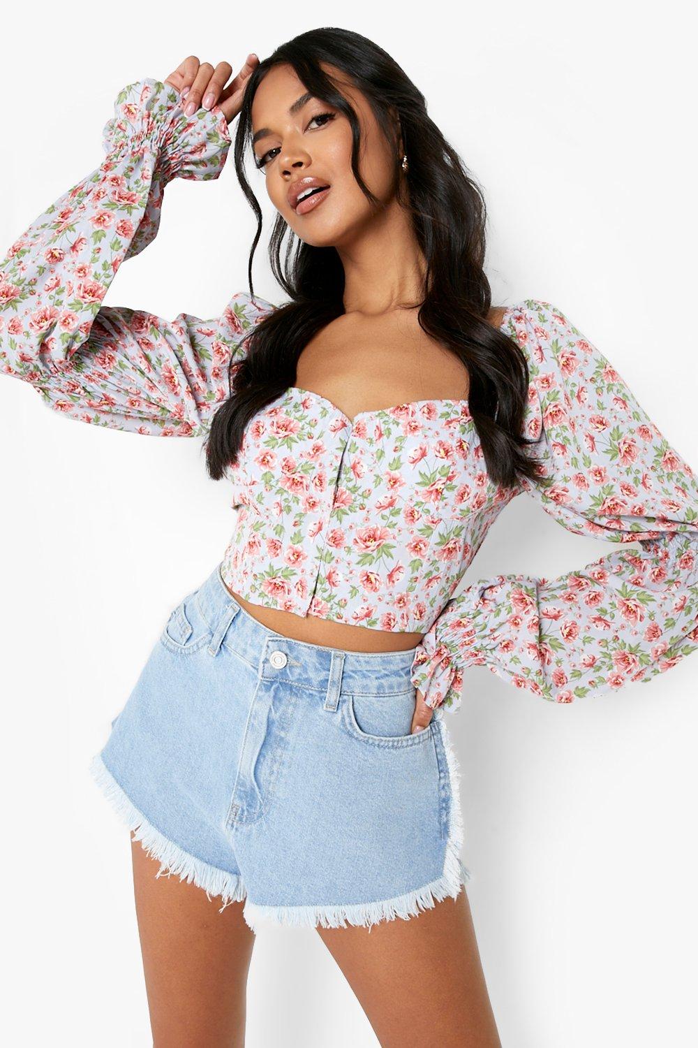 Boohoo Bloemen Top Met Pofmouwen, Purple