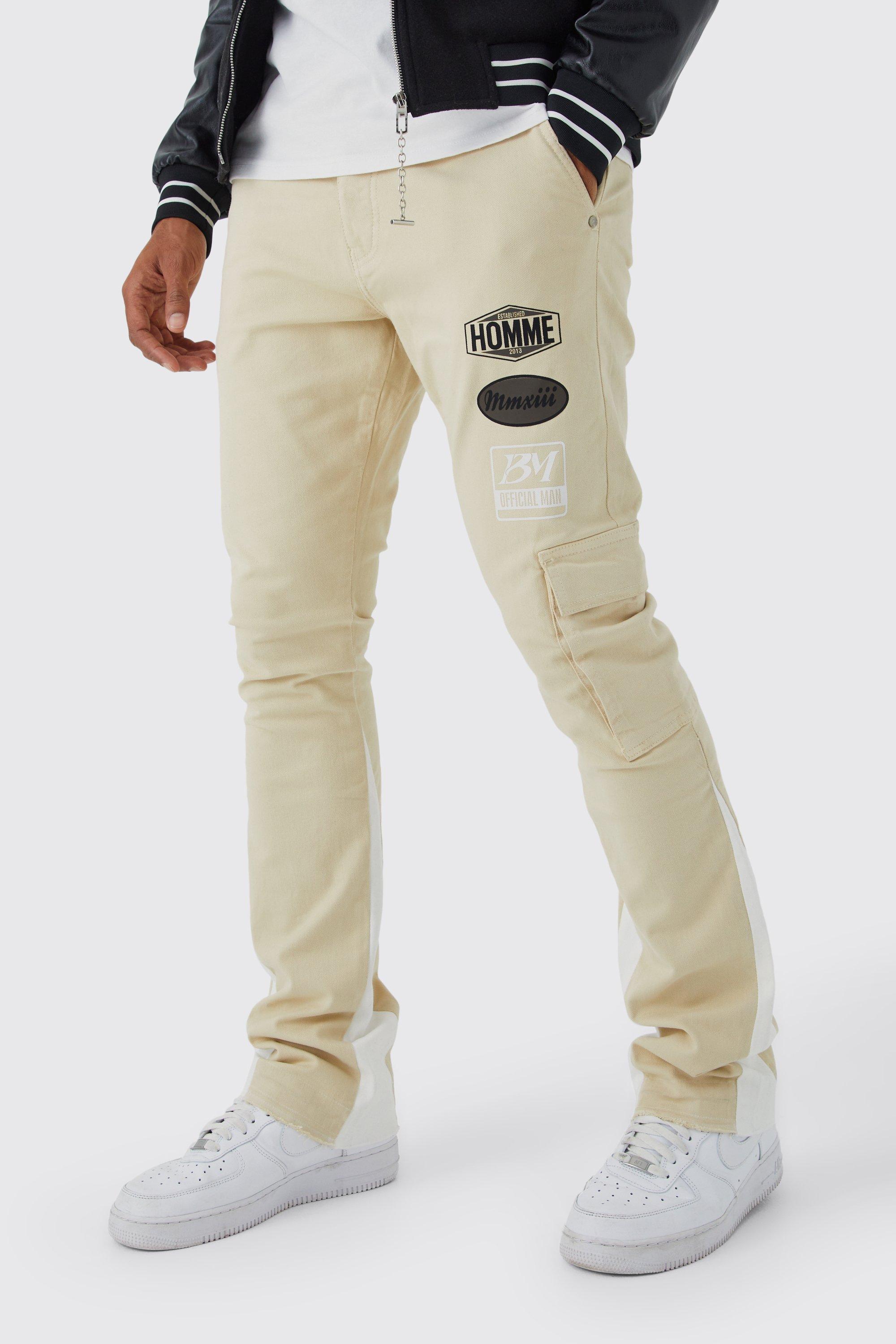 Boohoo Slim Fit Flared Moto Badge Cargo Broek Met Tailleband, Stone