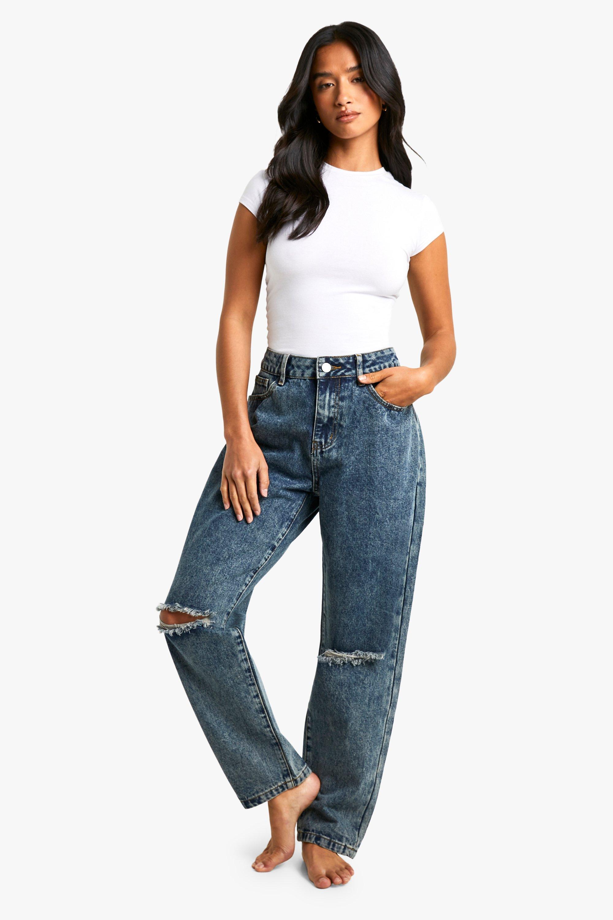 Boohoo Petite Gescheurde Basic High Waist Mom Jeans, Vintage Wash