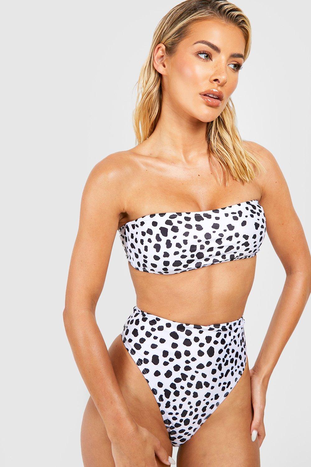 Boohoo Dalmatiërprint Bandeau Bikini Top, White