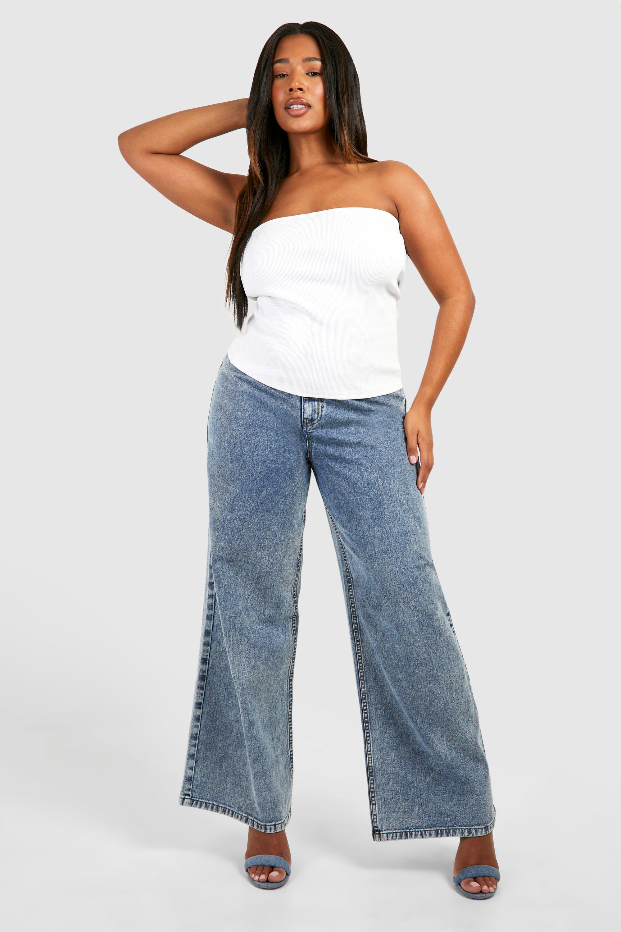 Boohoo Plus Acid Wash Gebleekte Jeans Met Rechte Pijpen, Acid Wash Dark Blue