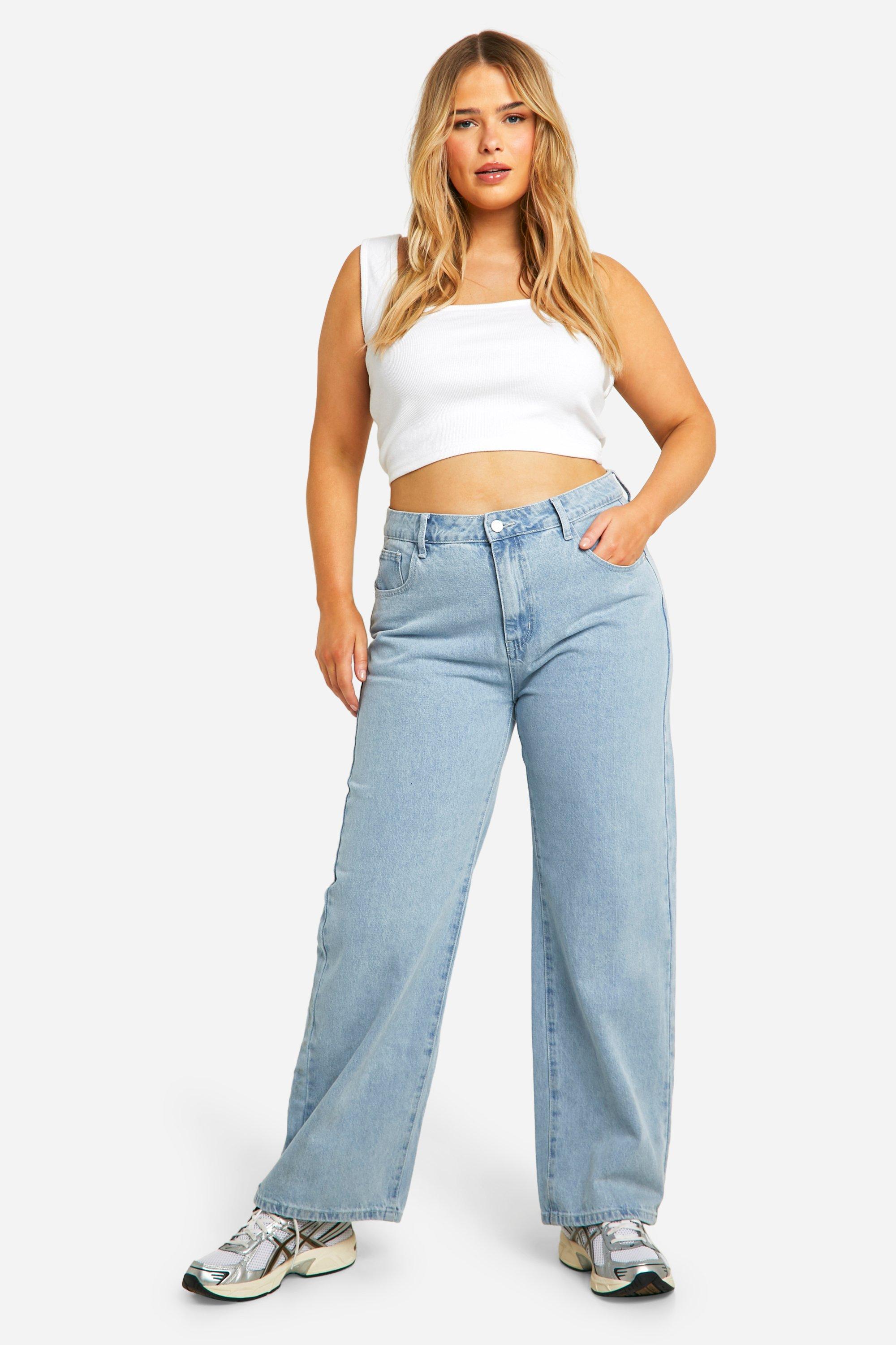 Boohoo Plus Acid Wash Gebleekte Jeans Met Rechte Pijpen, Mid Blue