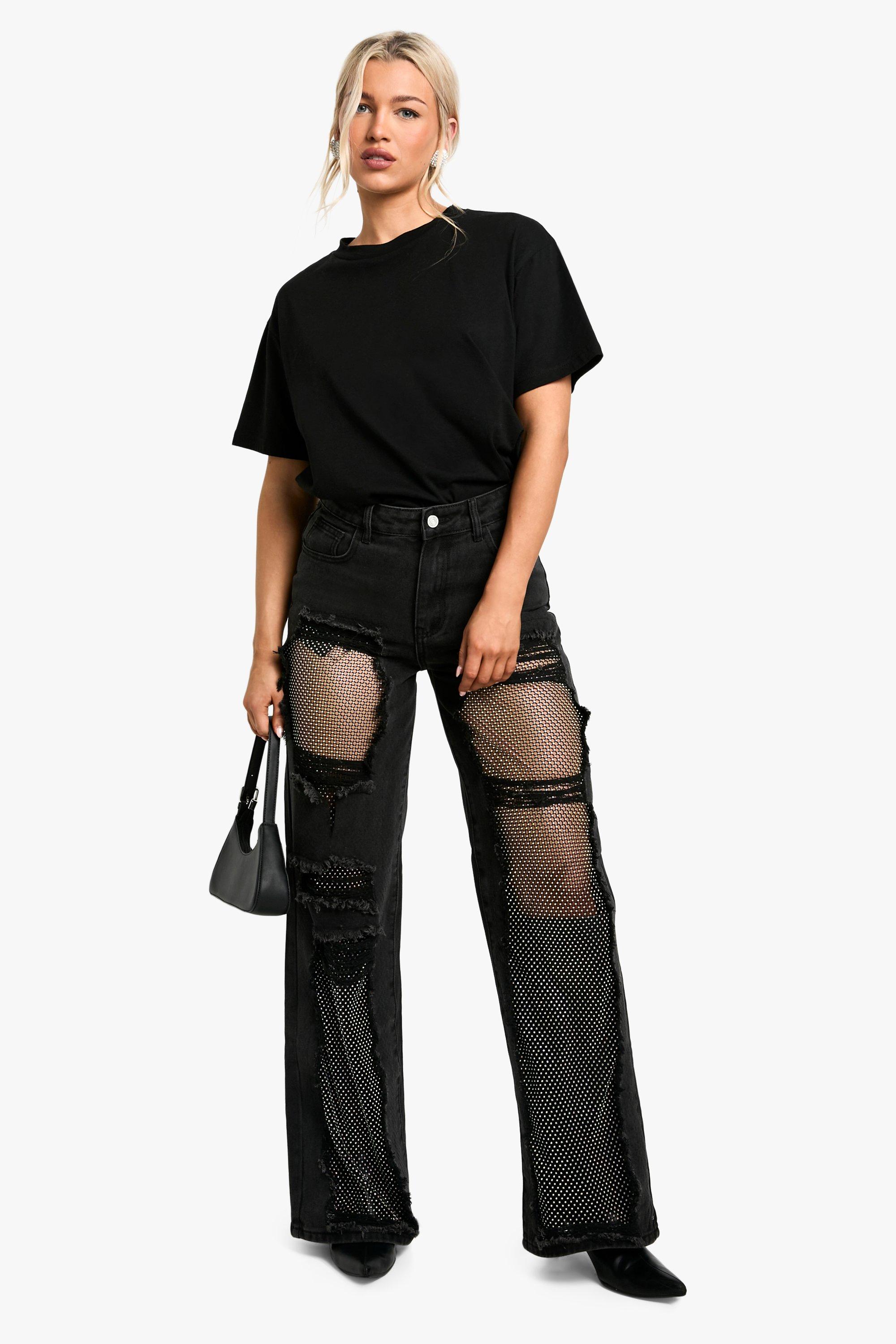 Boohoo Mesh Jeans Met Steentjes En Rechte Pijpen, Washed Black