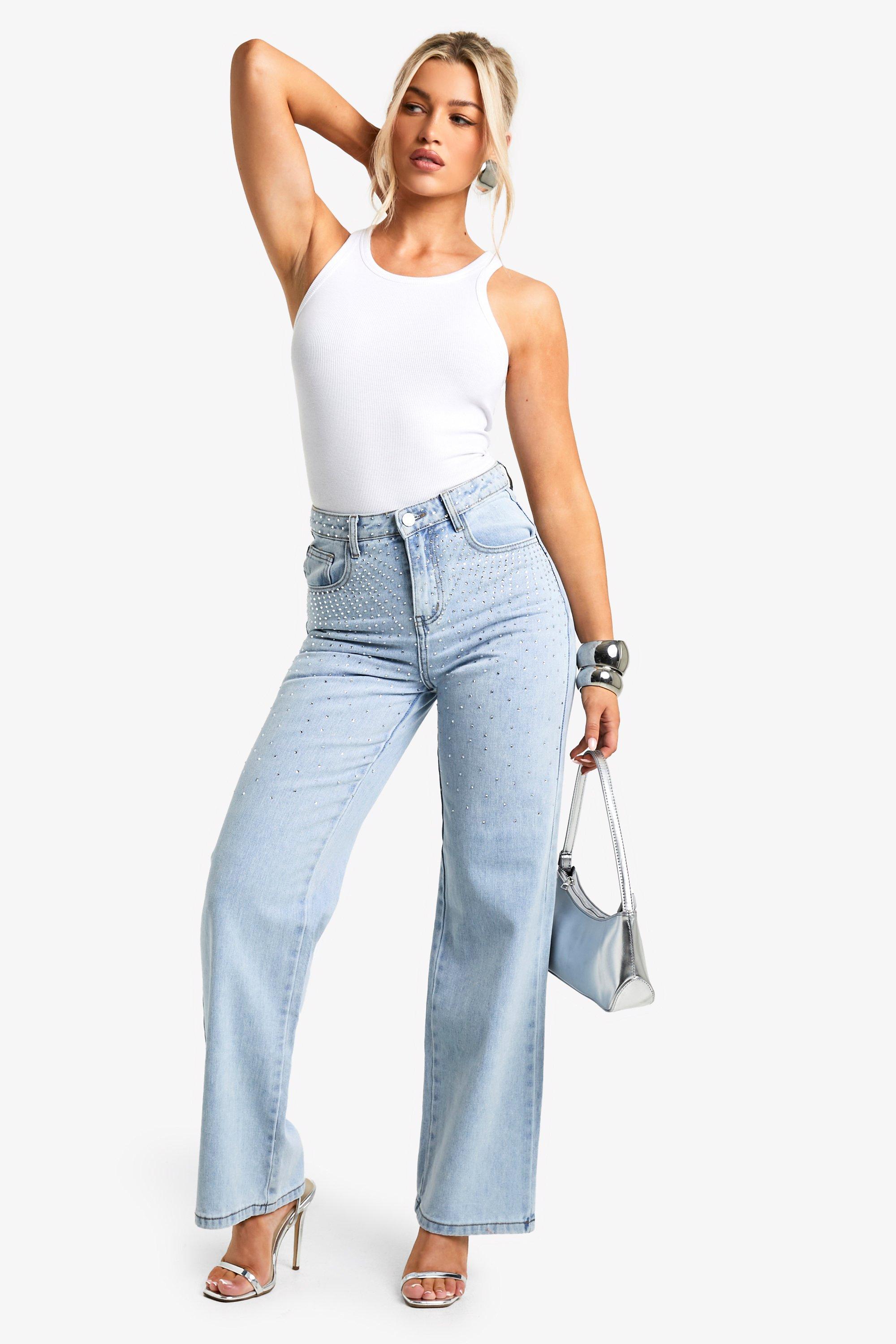 Boohoo Wide Leg Jeans Met Steentjes, Light Blue