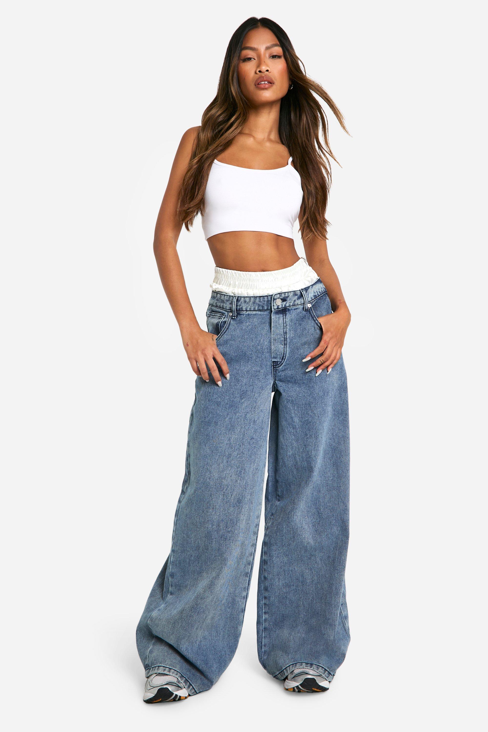 Boohoo Satijnen Wide Leg Jeans Met Hoge Taille En Boxers, Washed Indigo