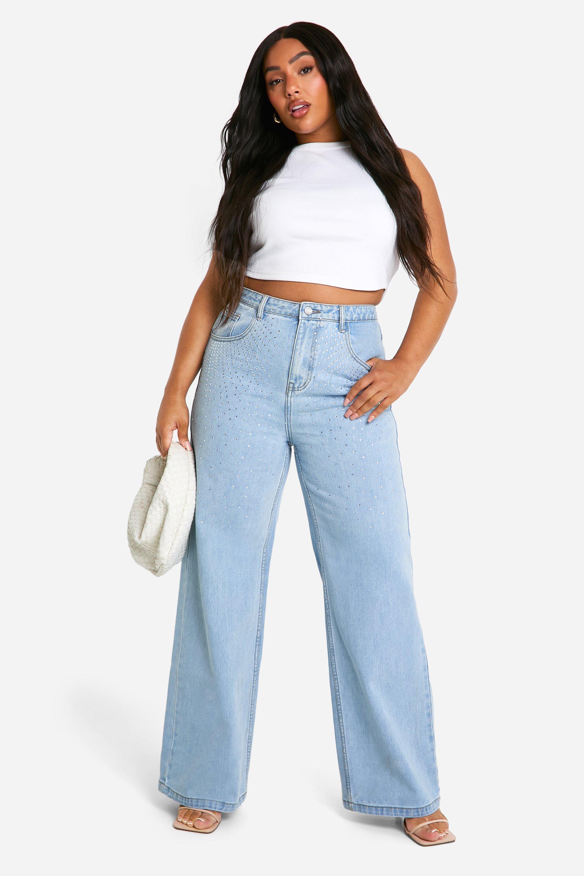 Boohoo Plus Wide Leg Jeans Met Steentjes, Light Blue