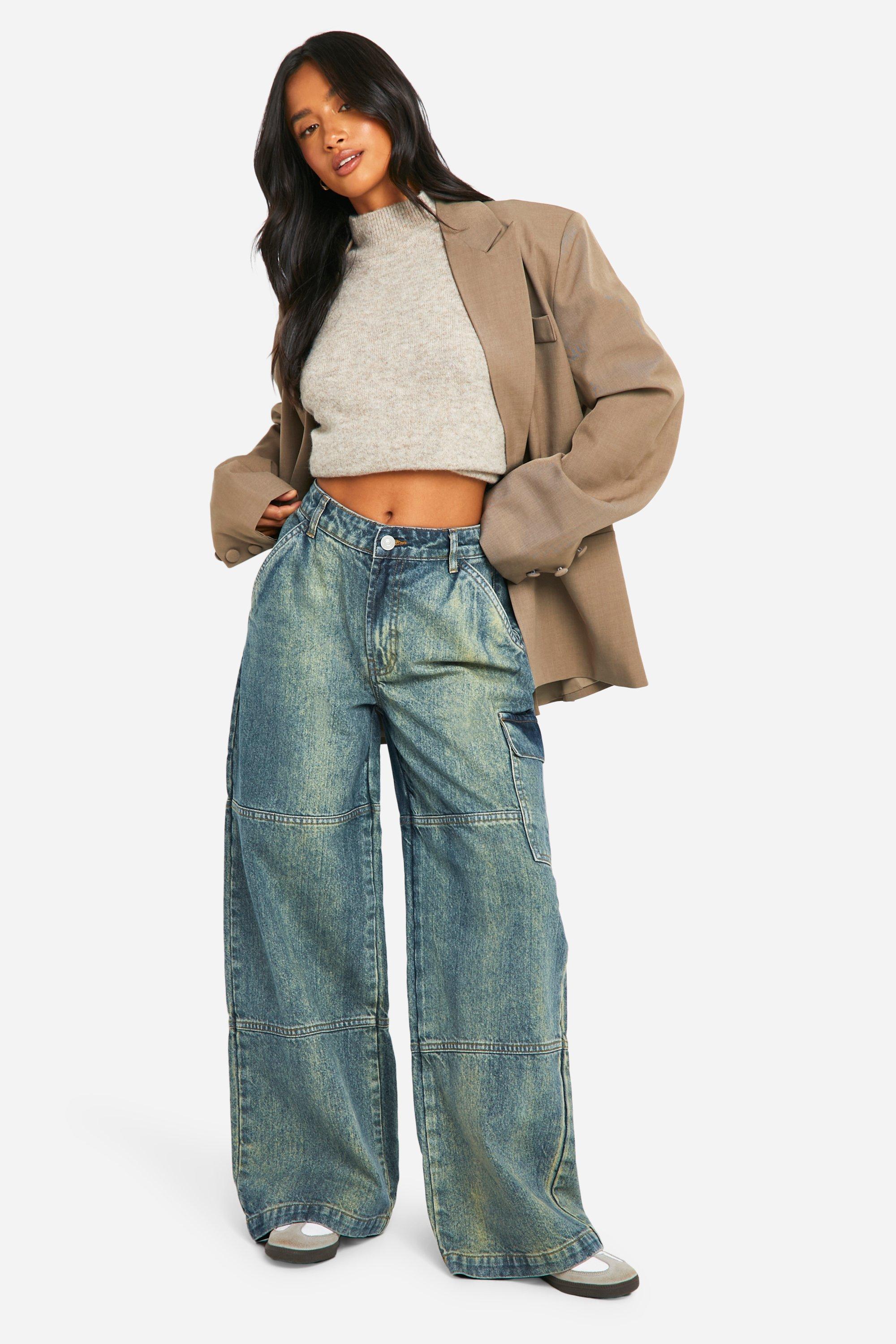 Boohoo Petite Vintage Wash Wide Leg Jeans Met Panelen, Vintage Wash