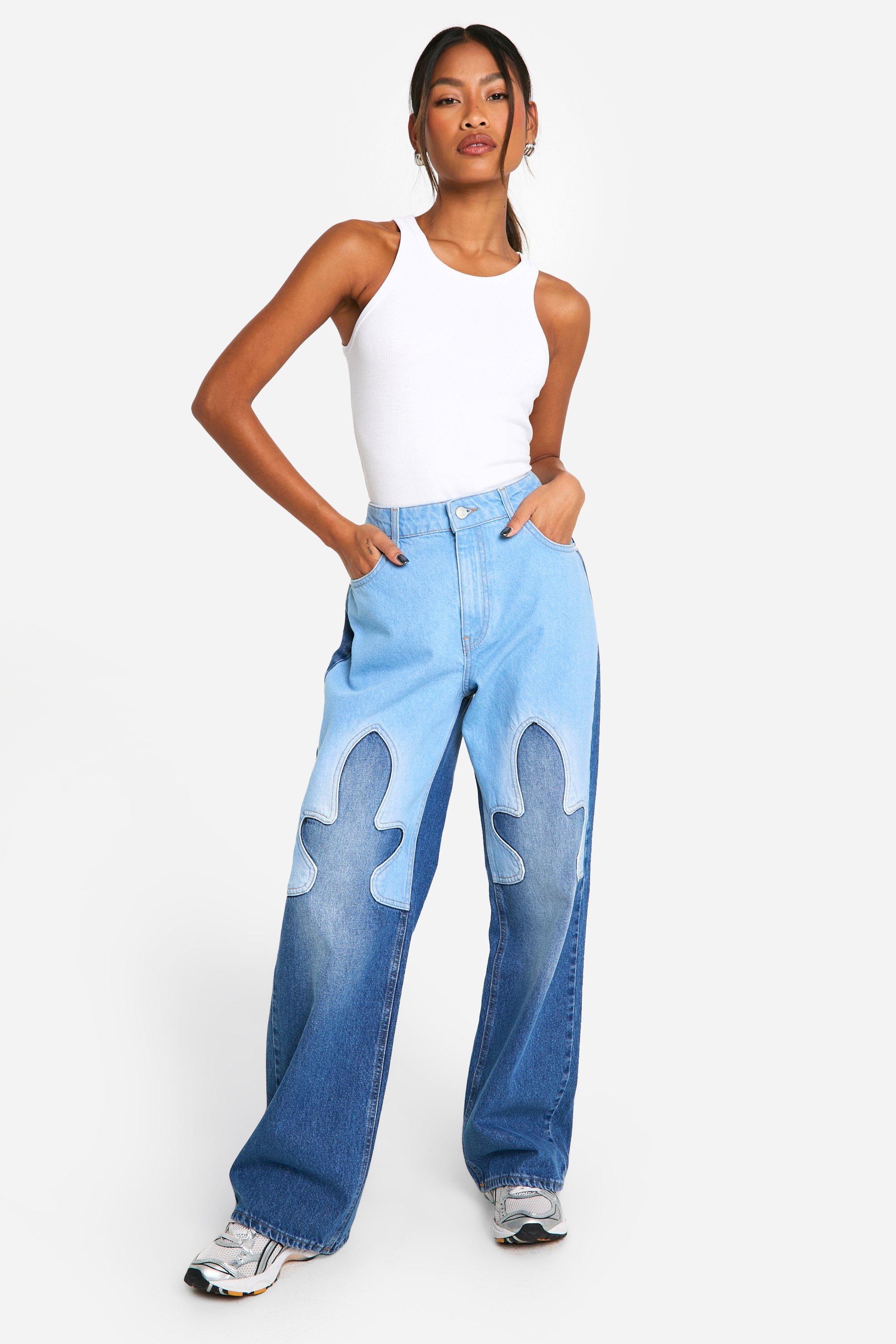 Boohoo Contrasterende Color Block Western Jeans Met Wijde Pijpen, Denim-Blue