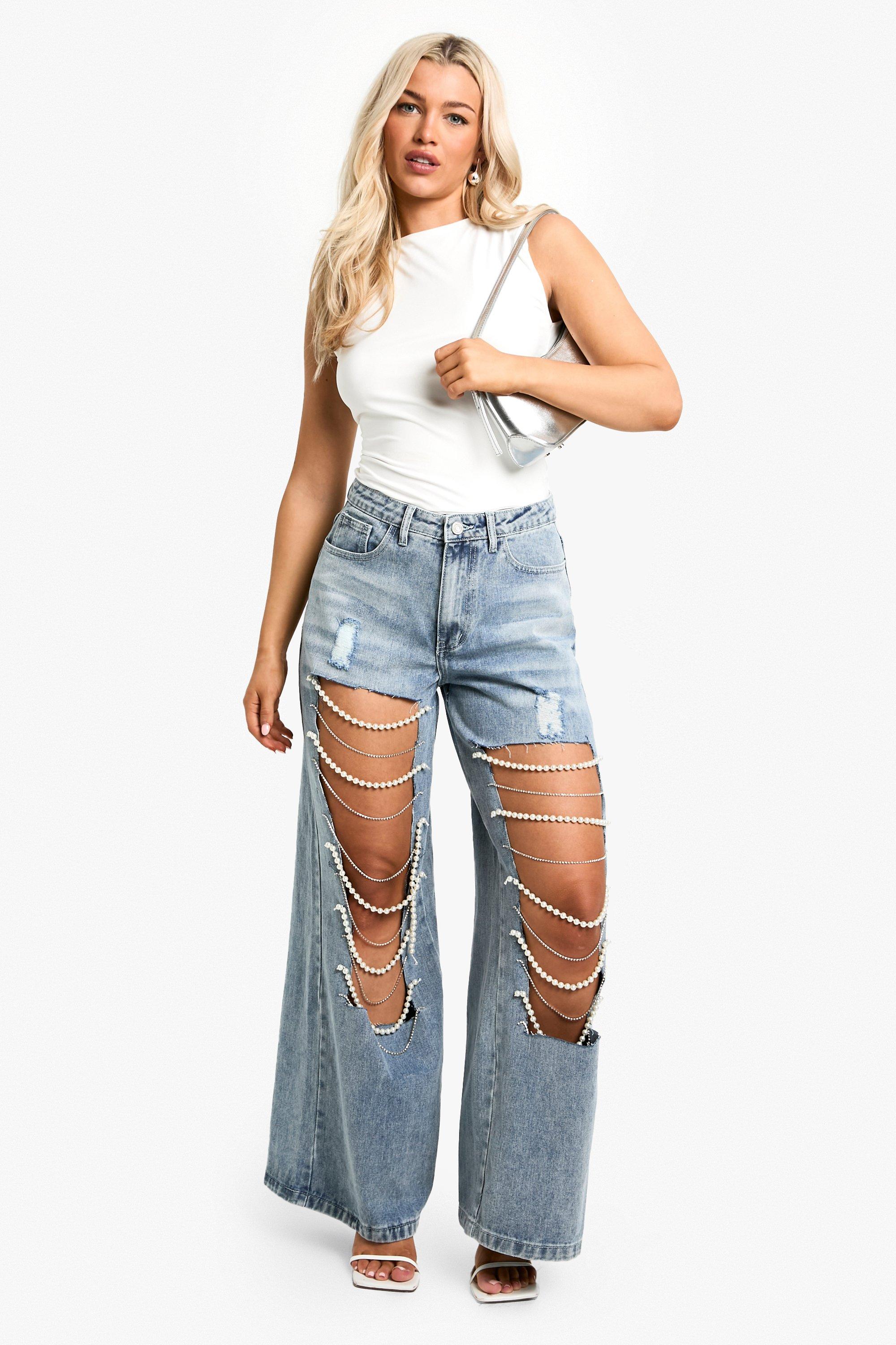 Boohoo Pearl Trim Super Wide Leg Jeans, Light Wash