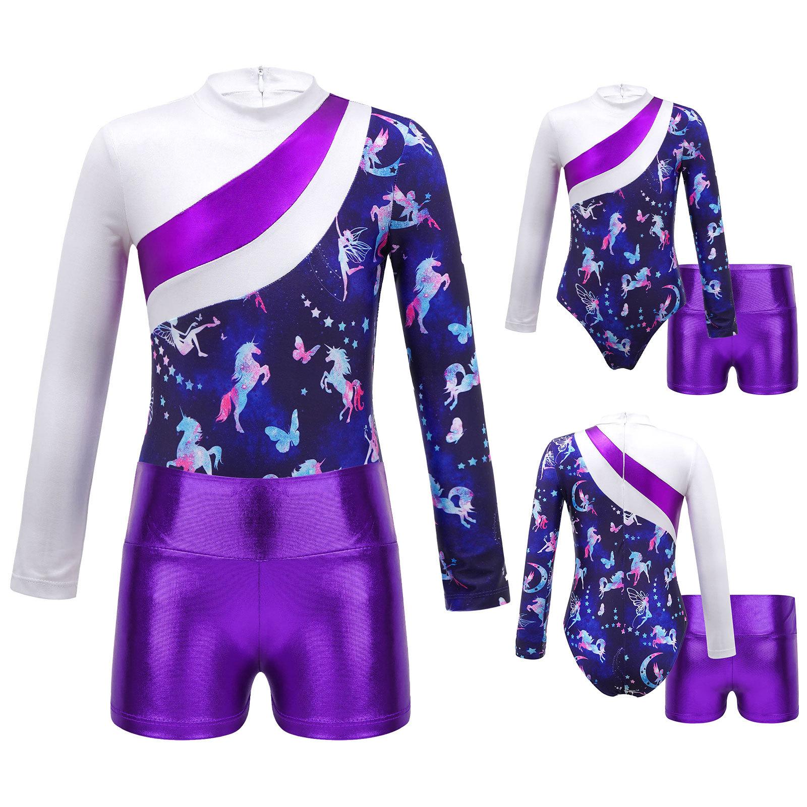 Fldy Kinderen Meisjes Kleurblok Gedrukt Gymnastiek Dans Outfit Turnpakje Jumpsuit met lange mouwen en shorts 5-6 Years