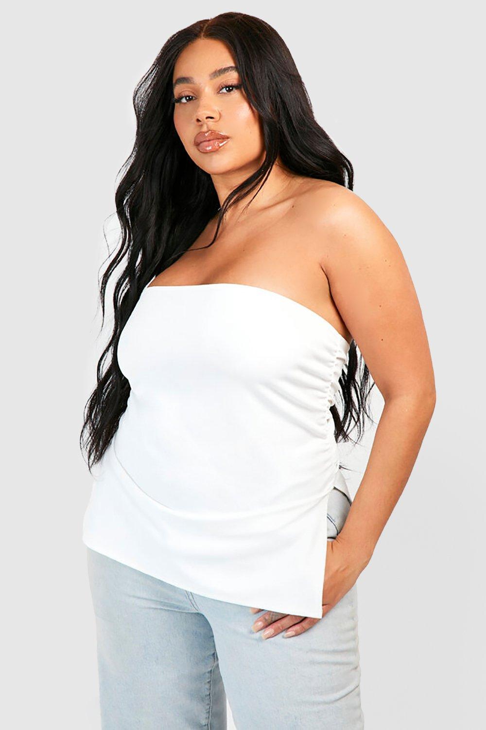 Boohoo Plus Geplooide Long Line Bandeau Top, White