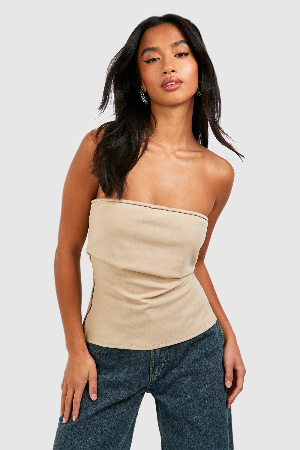 Boohoo Petite Bandeau Top Met Zijrits, Stone