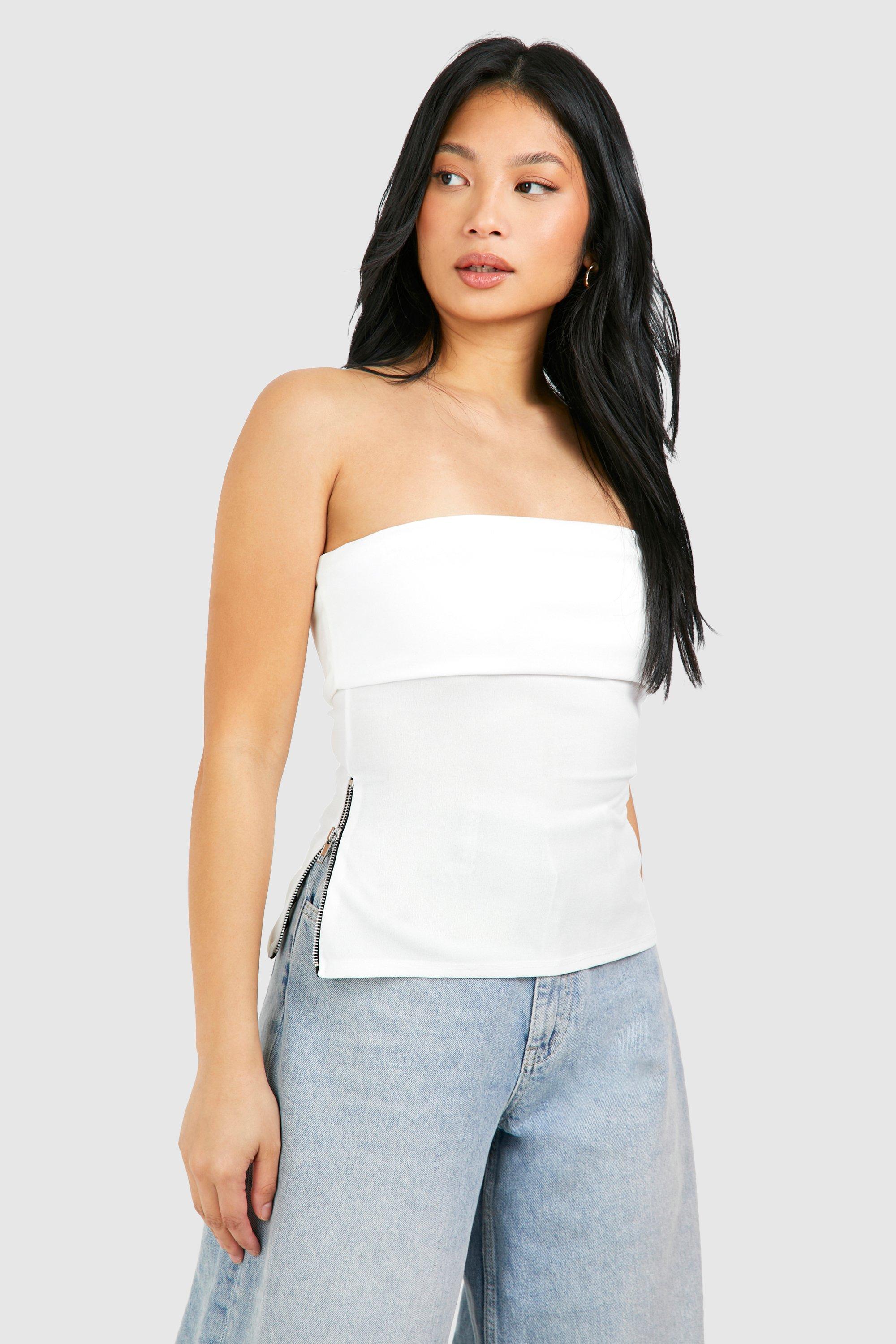 Boohoo Petite Bandeau Top Met Zijrits, White