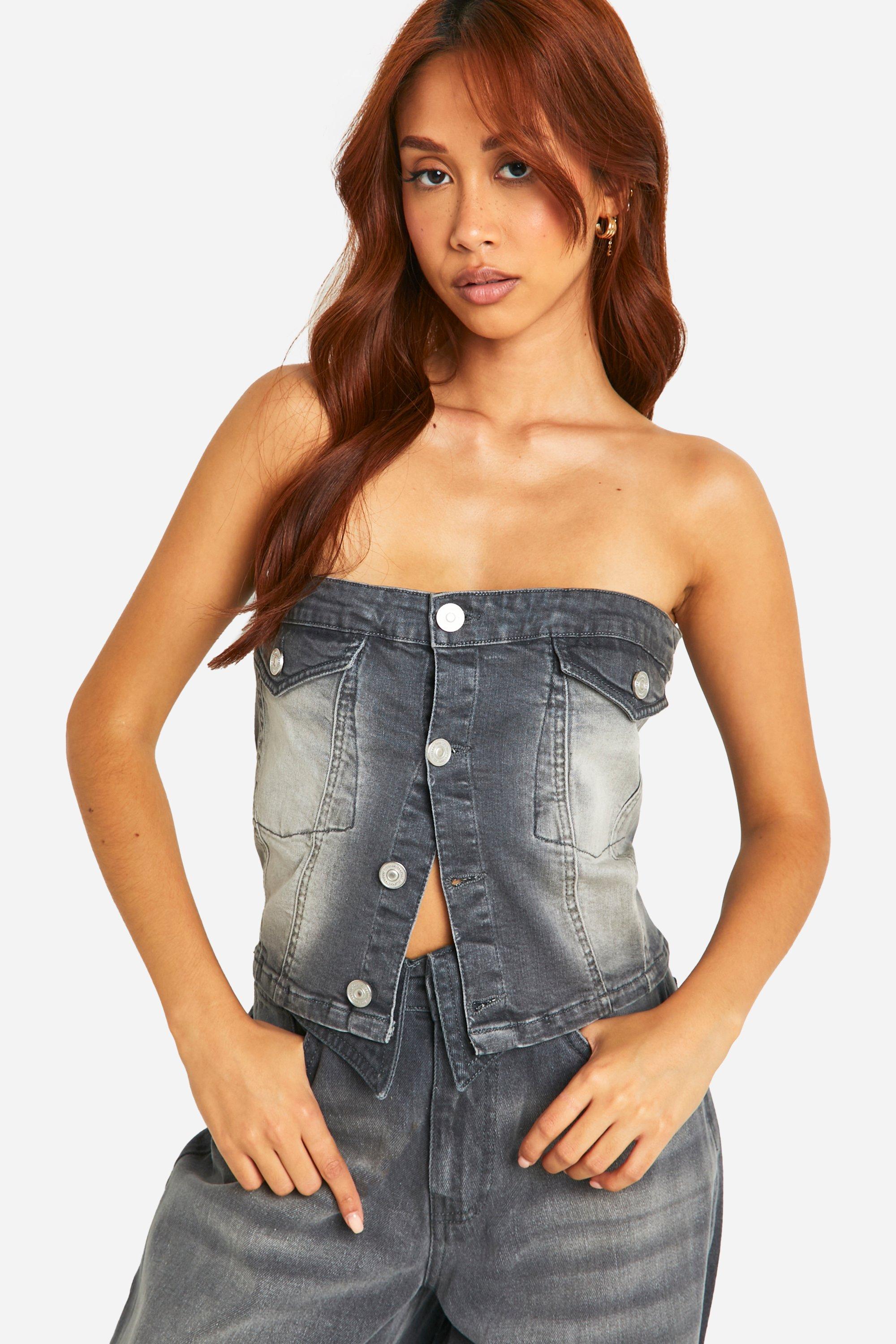 Boohoo Gebleekte Grijze Stretch Denim Bandeau Top Met Knoop Detail, Grey