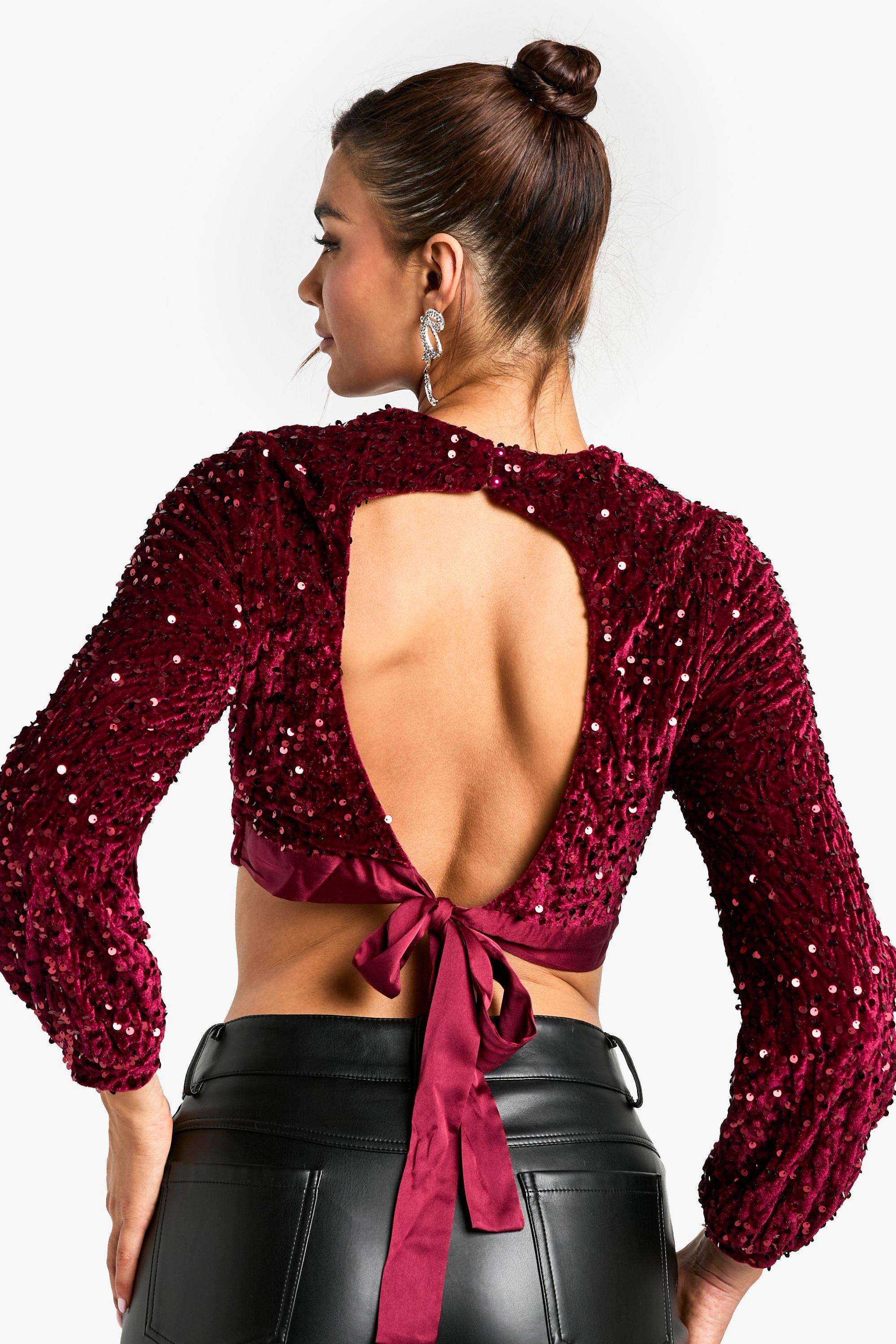 Boohoo Glitter Crop Top Met Rug Strik En Pailletten, Berry