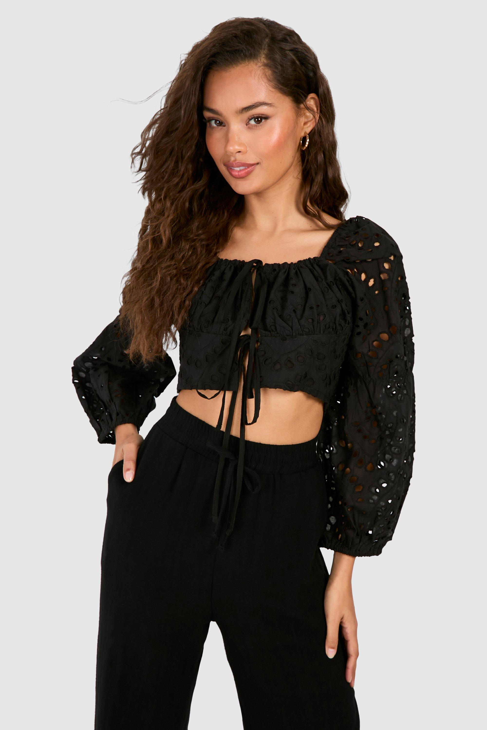 Boohoo Geborduurde Crop Top Met Lange Mouwen, Black