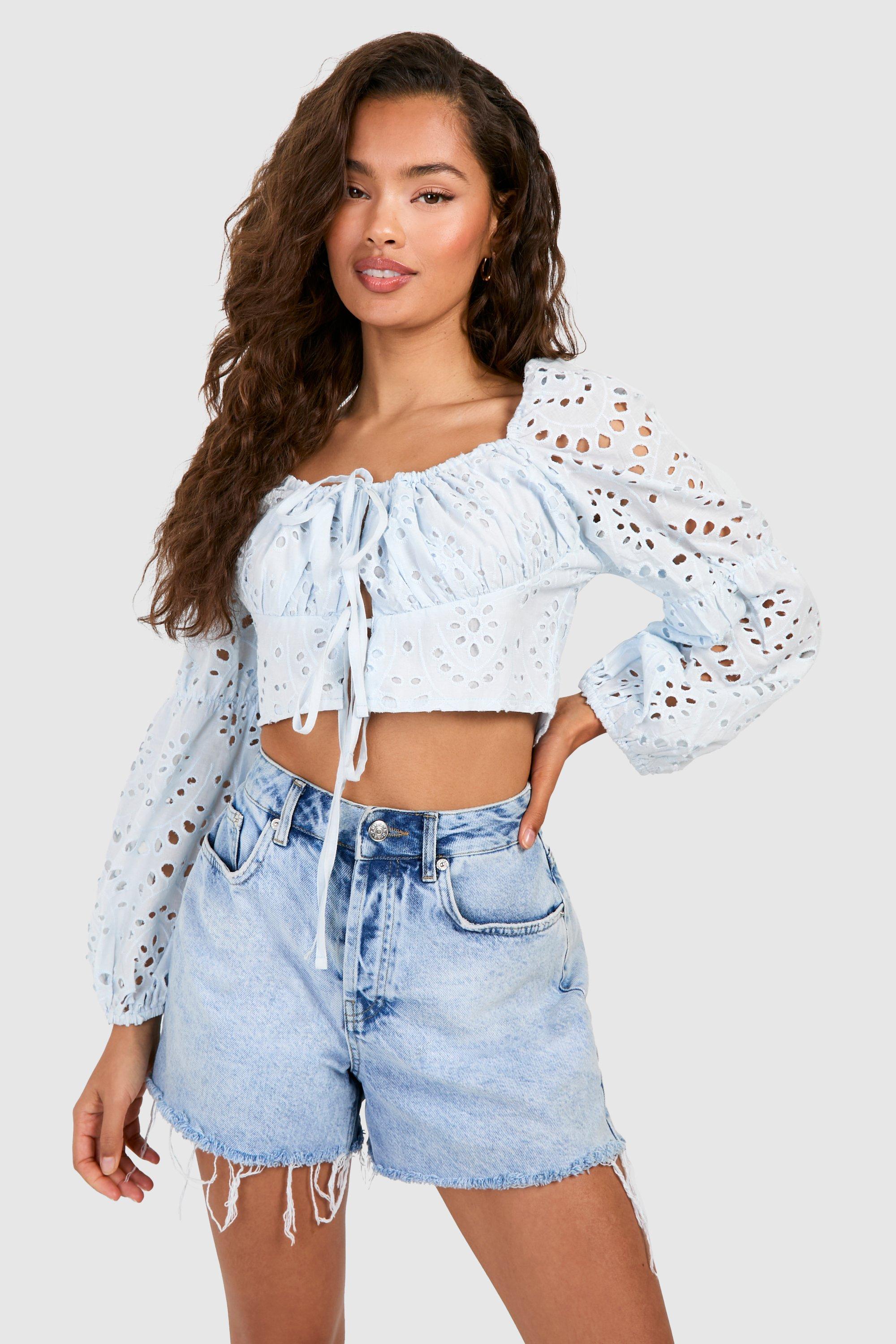 Boohoo Geborduurde Crop Top Met Lange Mouwen, Blue