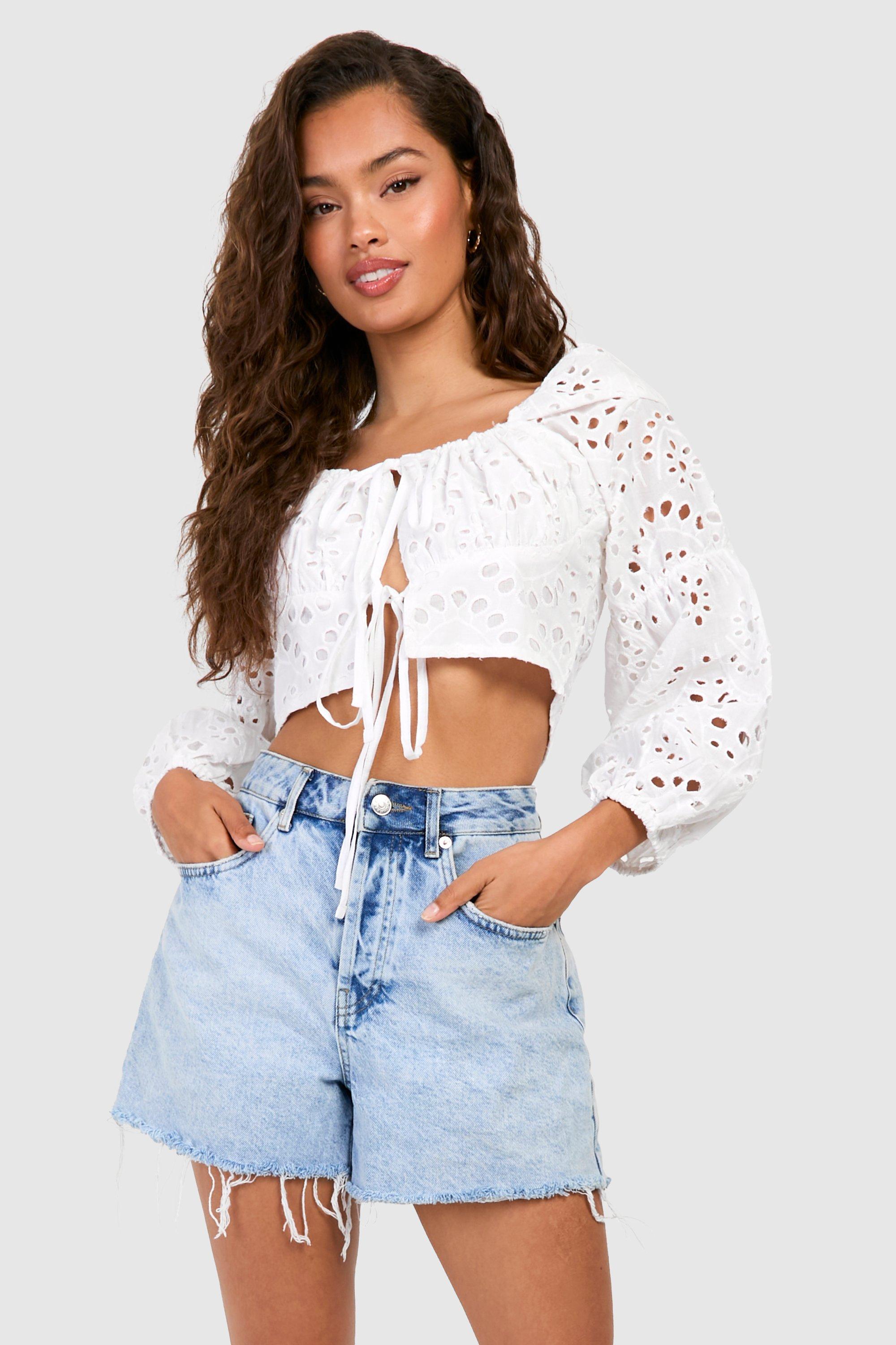 Boohoo Geborduurde Crop Top Met Lange Mouwen, White