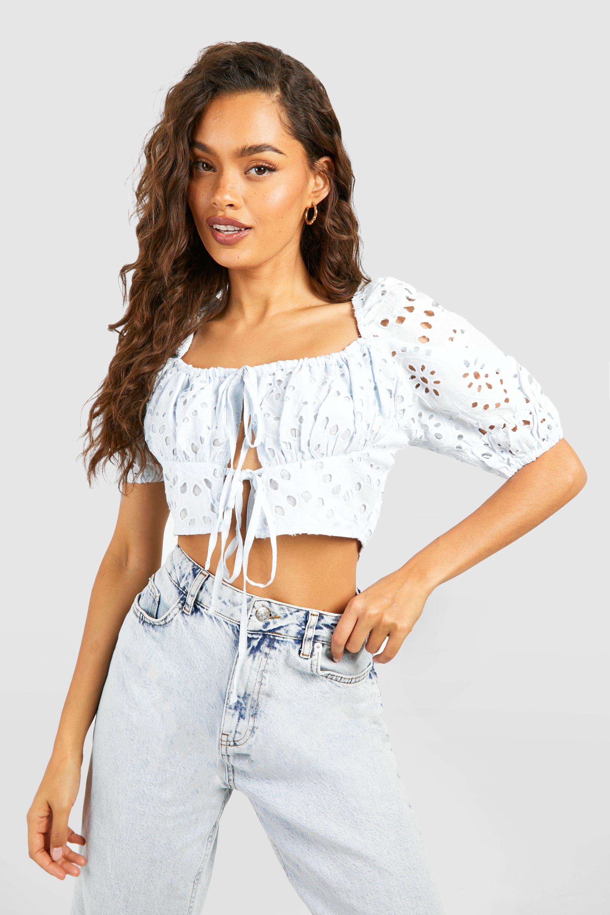 Boohoo Geborduurde Crop Top Met Korte Mouwen, Blue