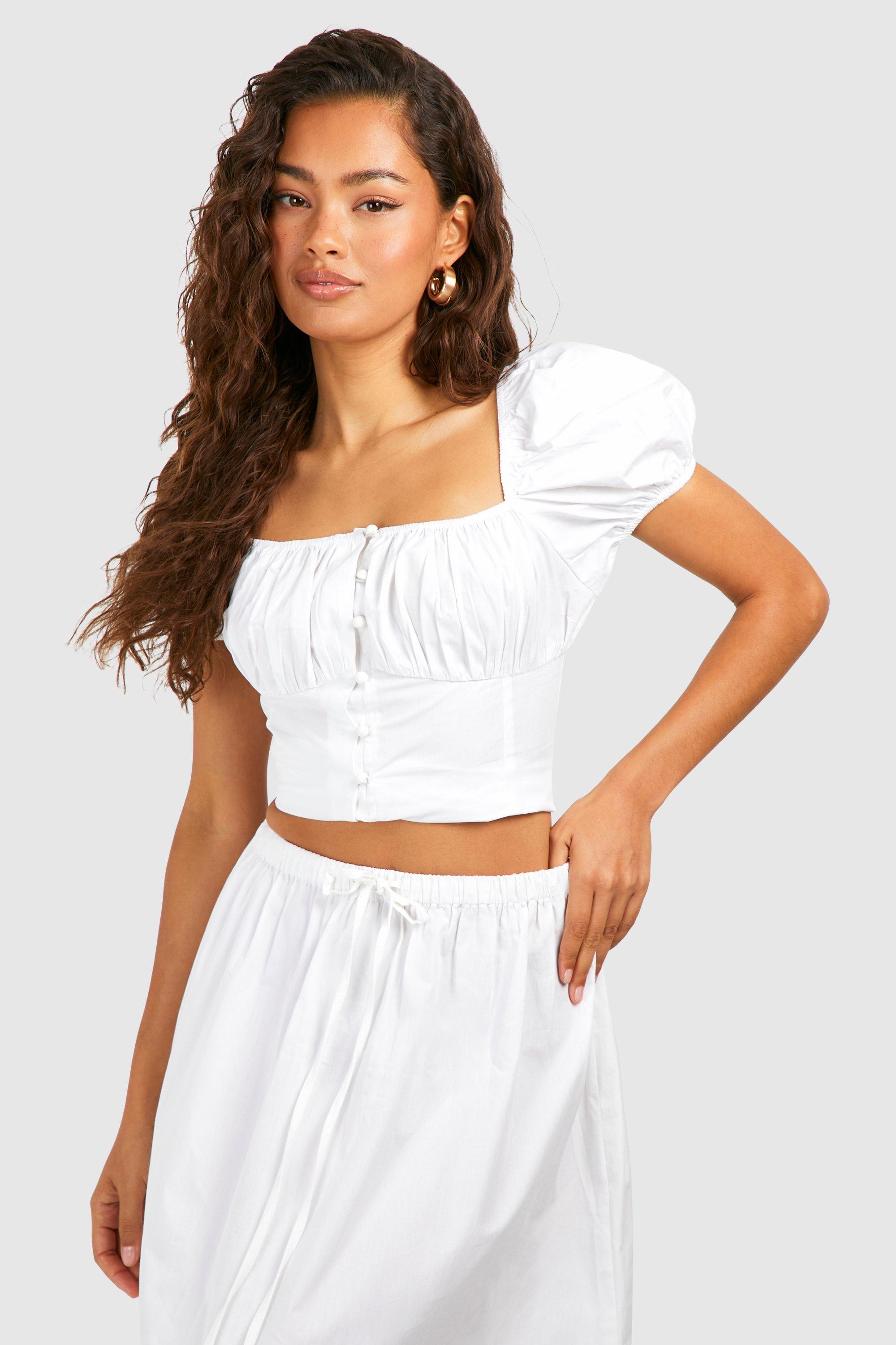 Boohoo Crop Top Met Pofmouwen En Knoop Detail, White