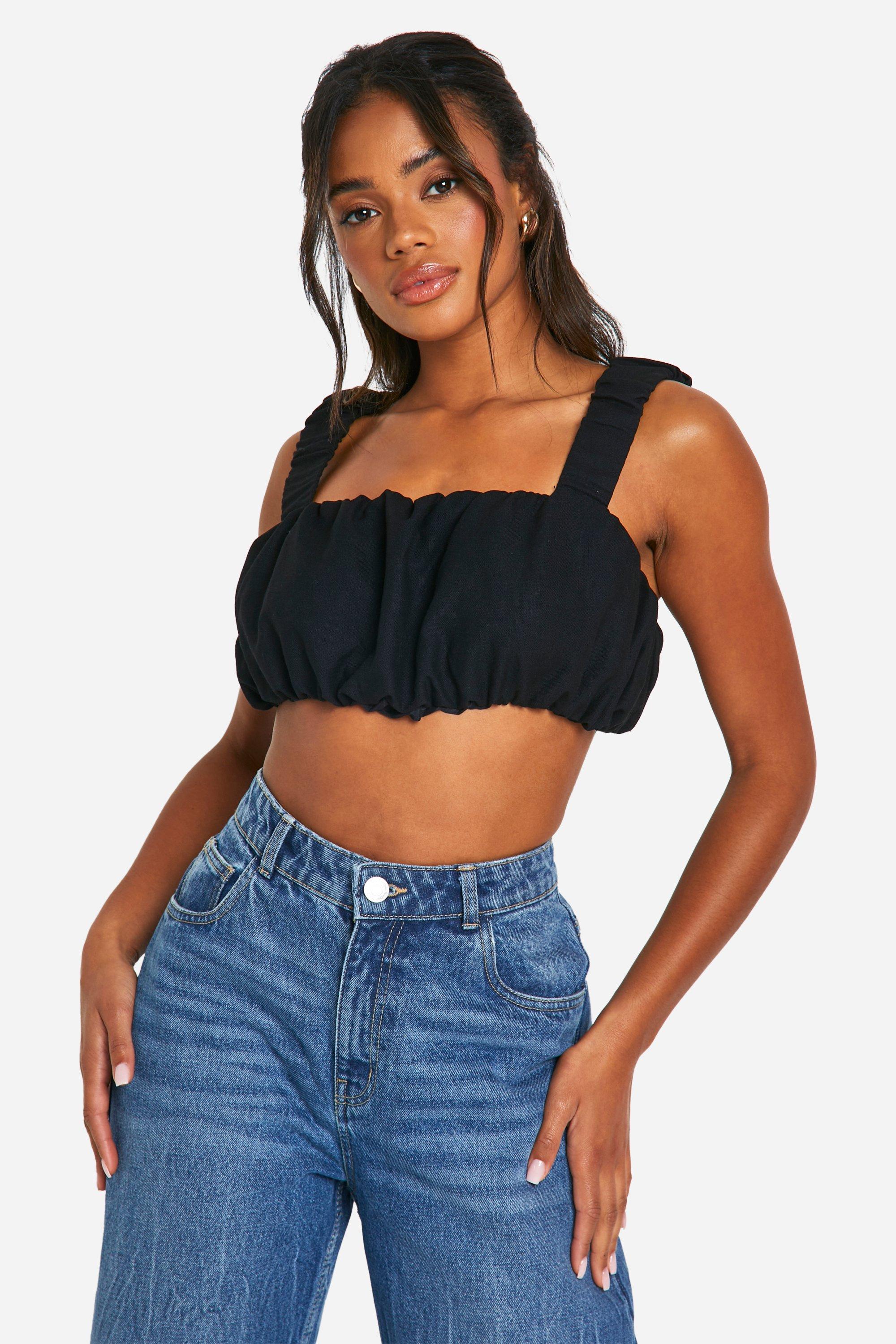 Boohoo Geplooide Crop Top Met Pofmouwen, Black