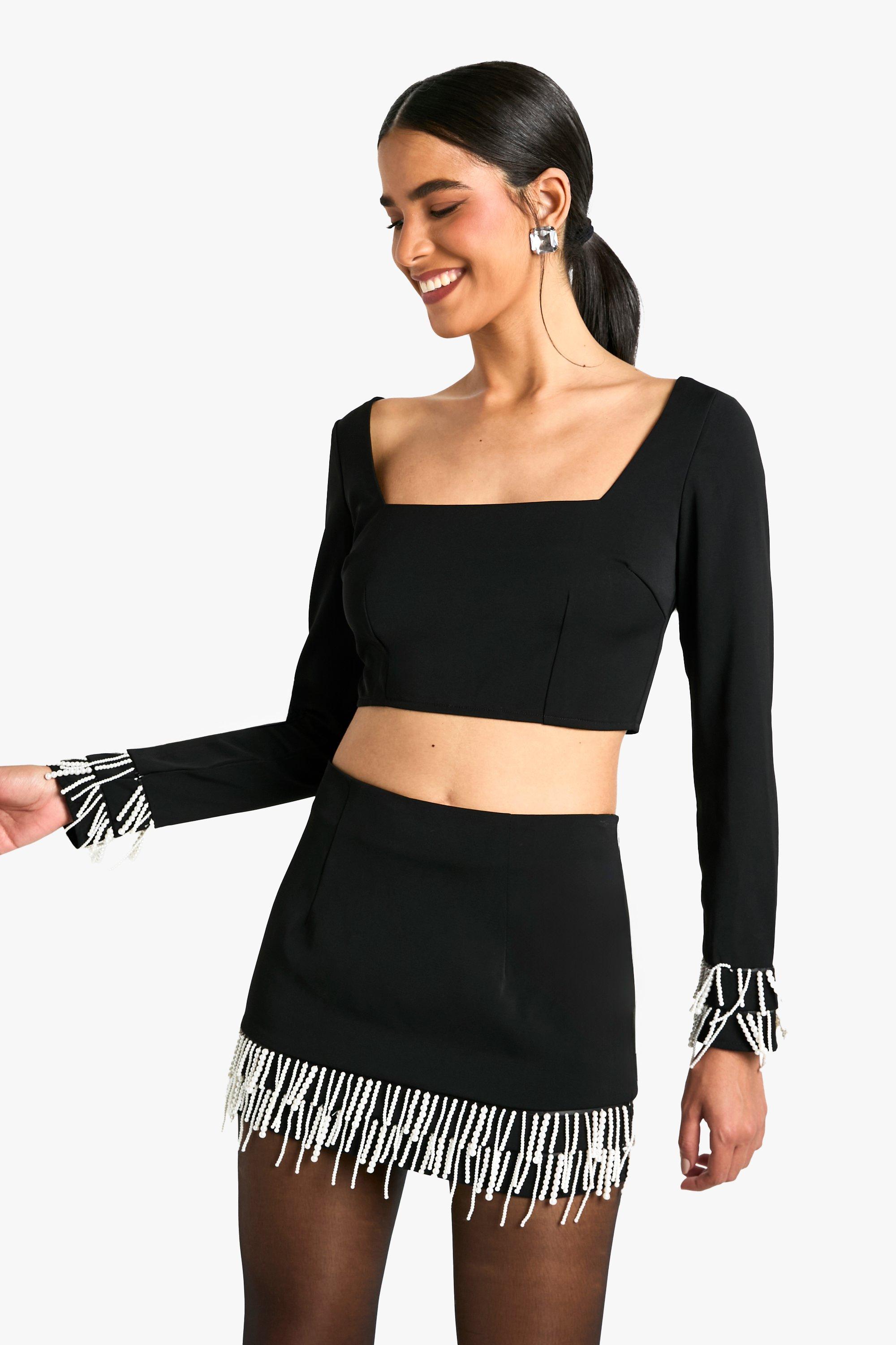 Boohoo Korset Top Met Parel Zoom Detail, Black