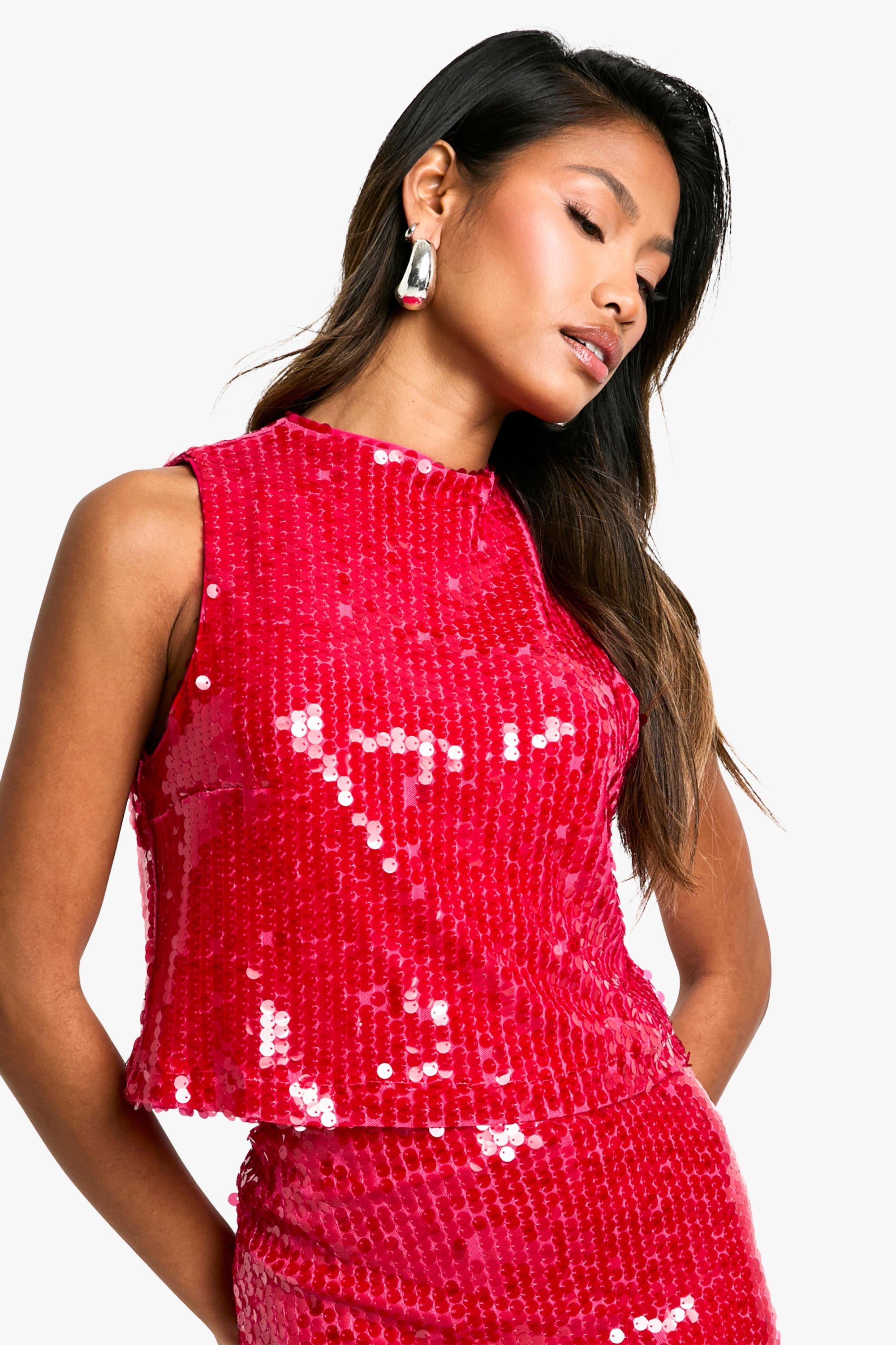 Boohoo Jeans Top Met Pailletten En Hoge Hals, Fuchsia