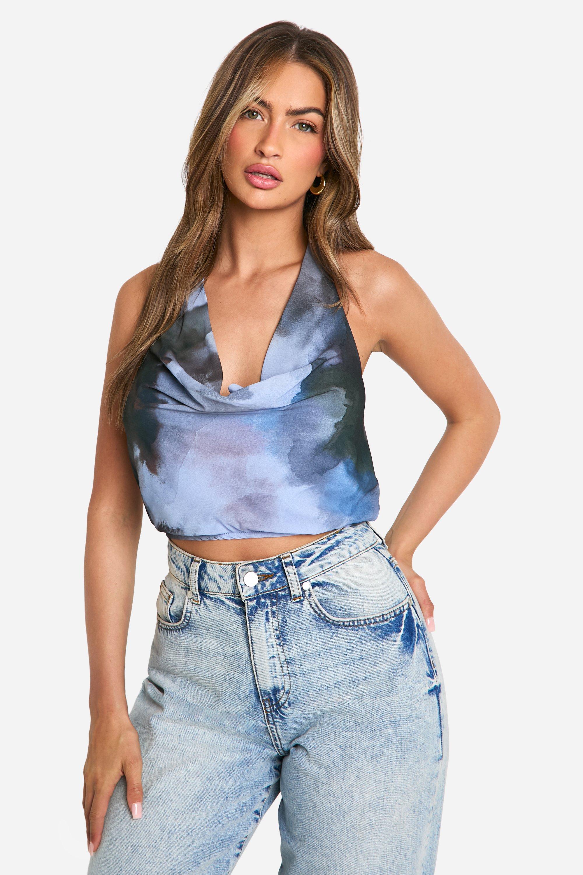 Boohoo Tie Dye Top Met Waterval Hals En Halter Neck, Blue