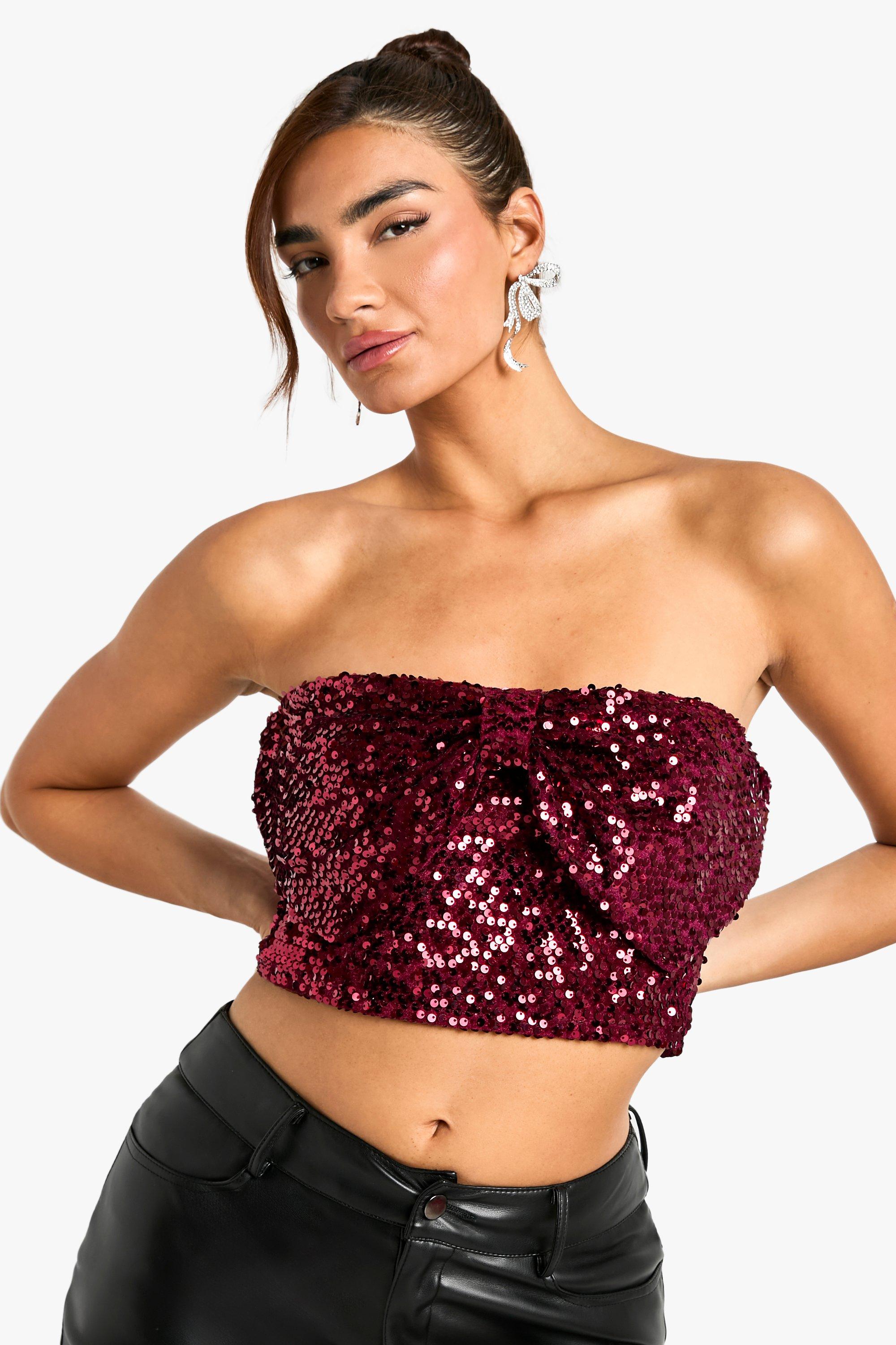 Boohoo Top Met Pailletten En Strik, Burgundy