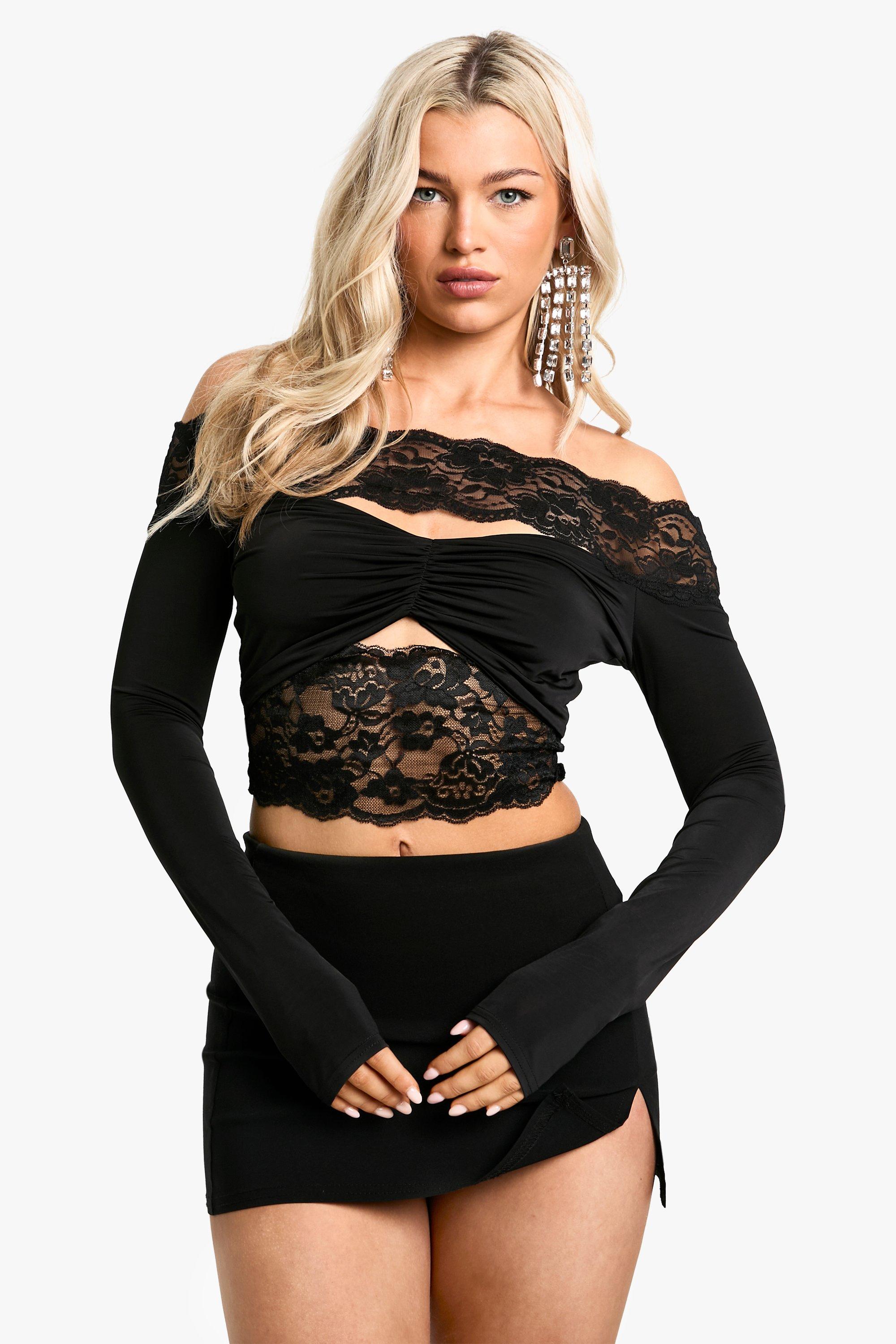 Boohoo Strakke Kanten Top Met Uitgesneden Hals, Black