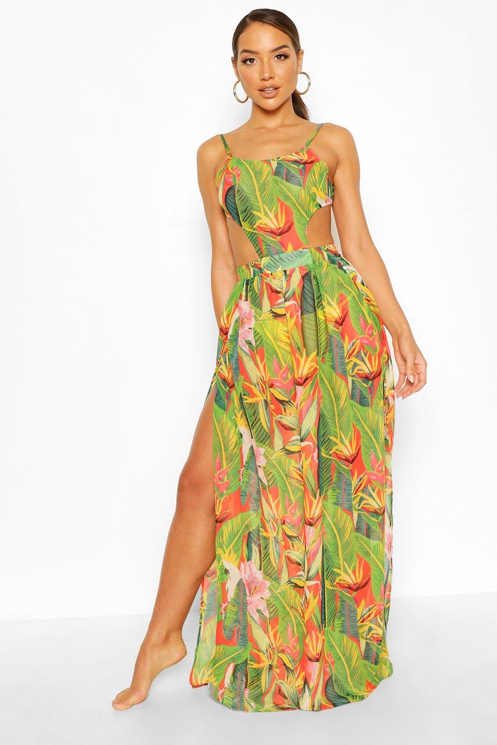 Boohoo Tropicana Maxi Strand Jurk Met Uitsnijding, Rood