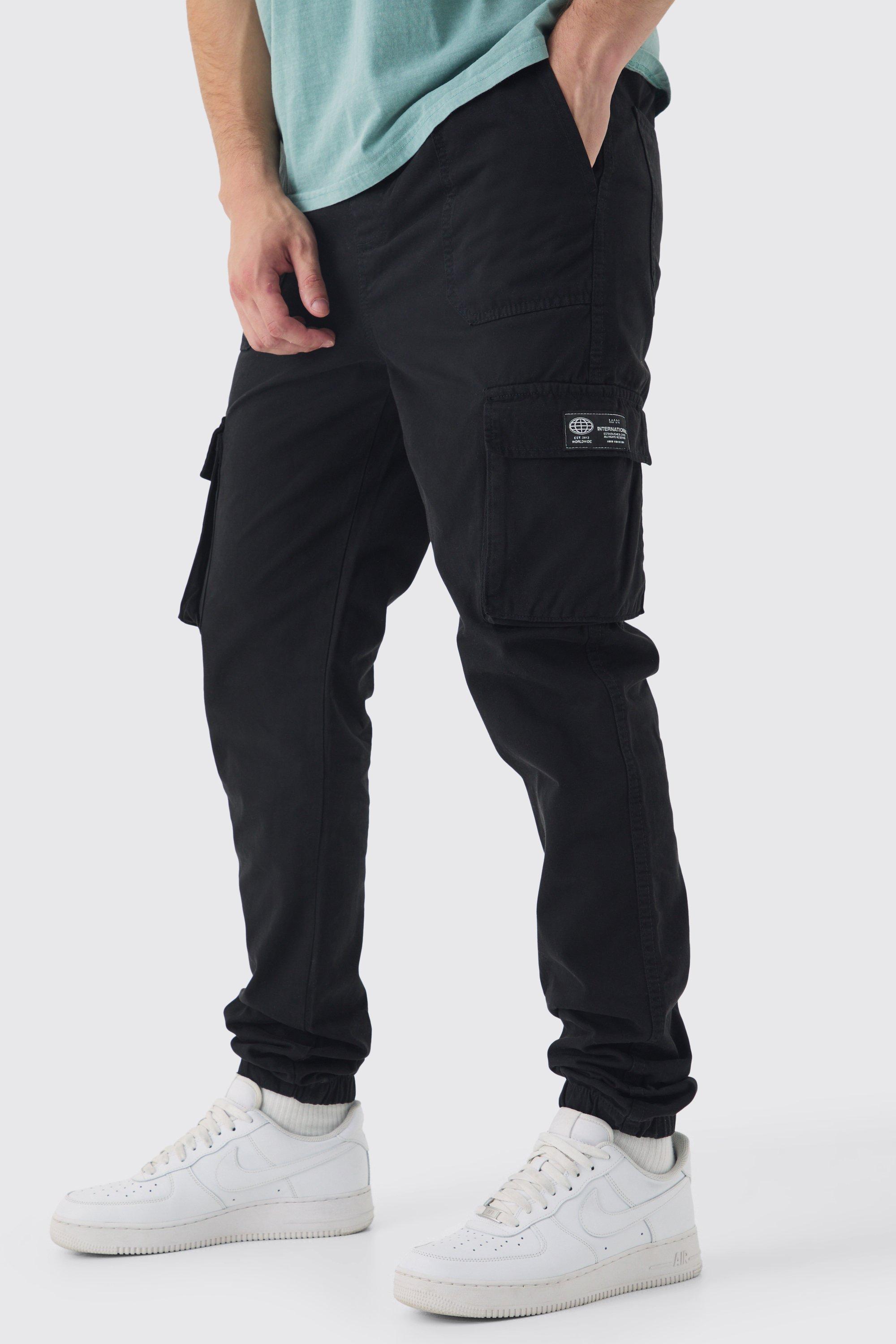 Boohoo Tall Slim Fit Cargo Joggingbroek Met Elastische Taille En Logo, Black