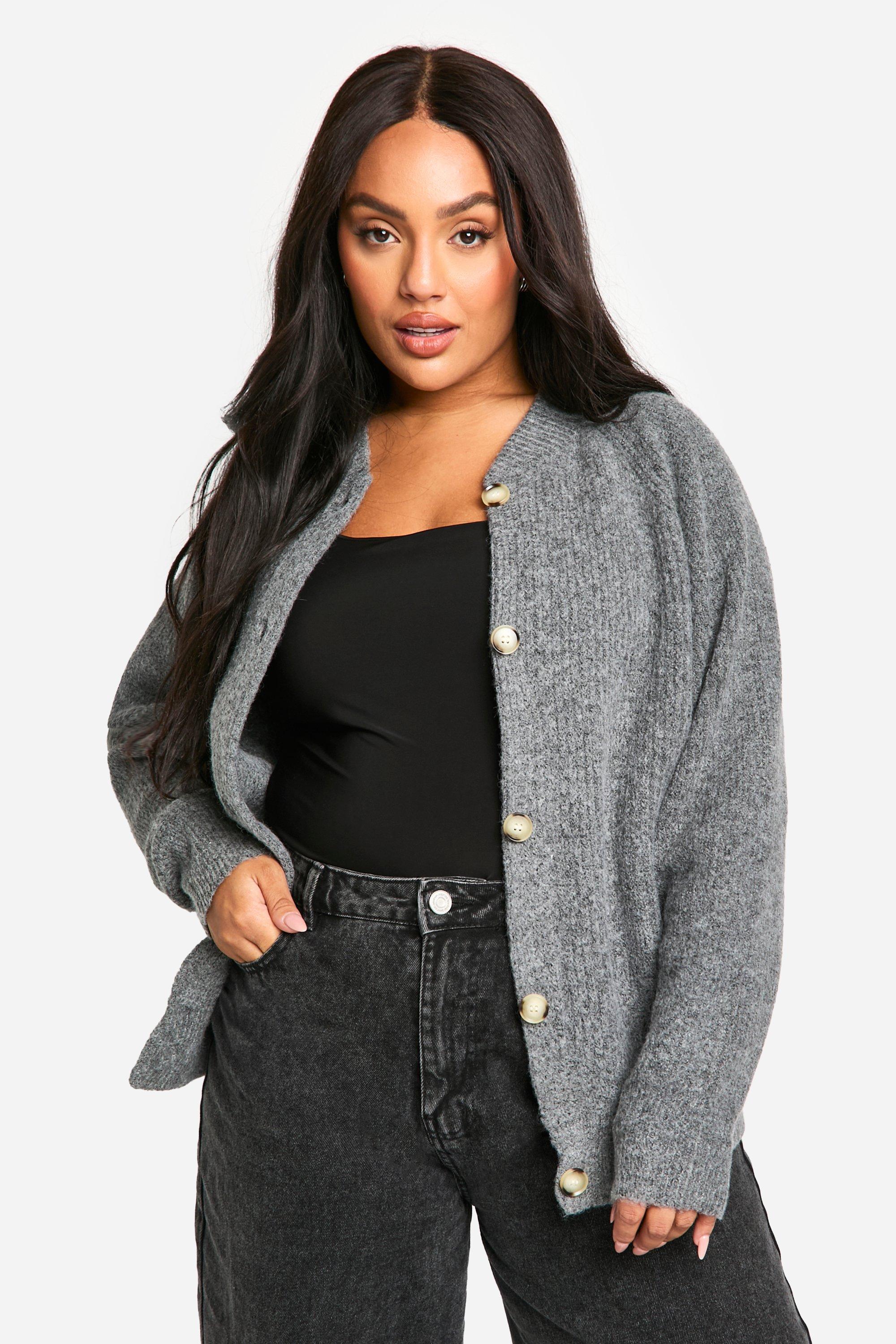 Boohoo Plus Zachte Geribbelde Gebreide Bomber Cardigan, Charcoal