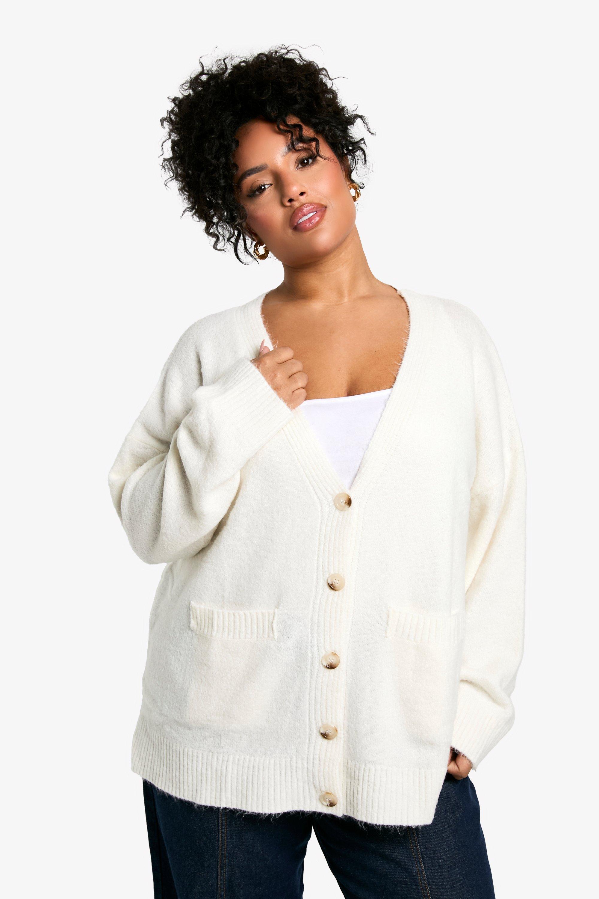 Boohoo Plus Oversized Zachte Gebreide Boyfriend Cardigan, Cream