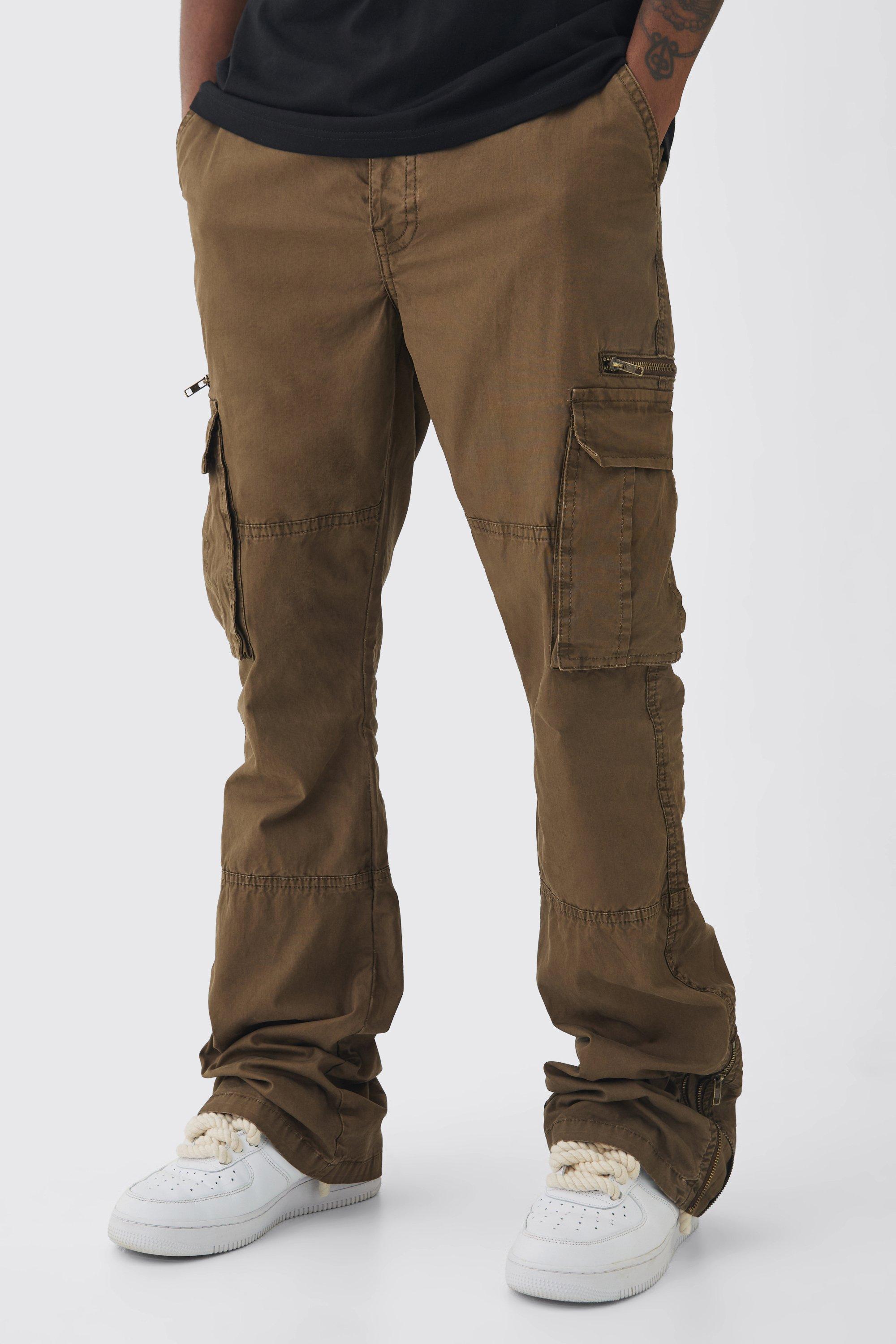 Boohoo Tall Flared Overdye Acid Wash Gebleekte Cargo Broek Met Rits En Gusset, Chocolate