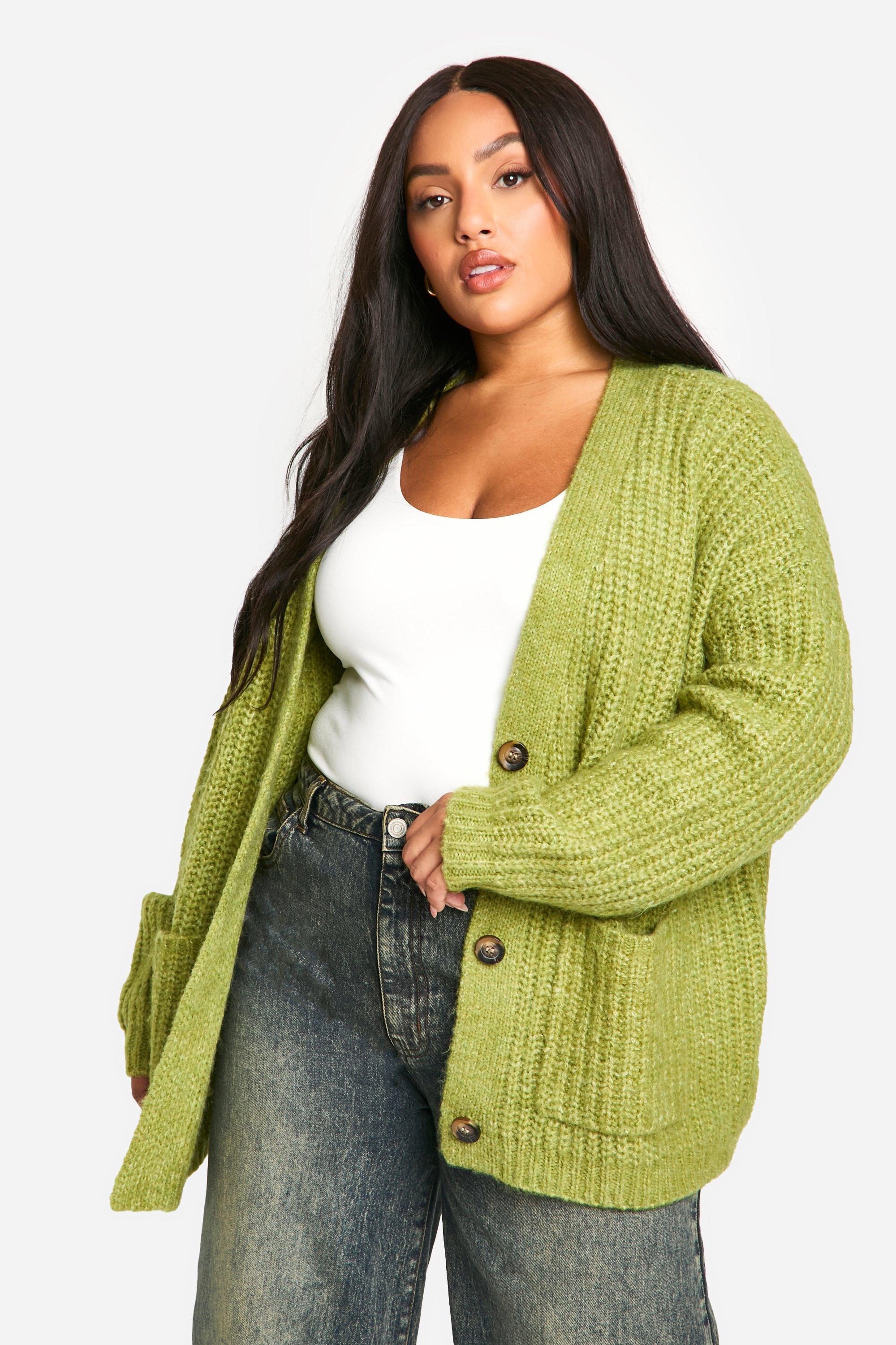 Boohoo Plus Oversized Zachte Gebreide Dikke Boyfriend Cardigan, Olive