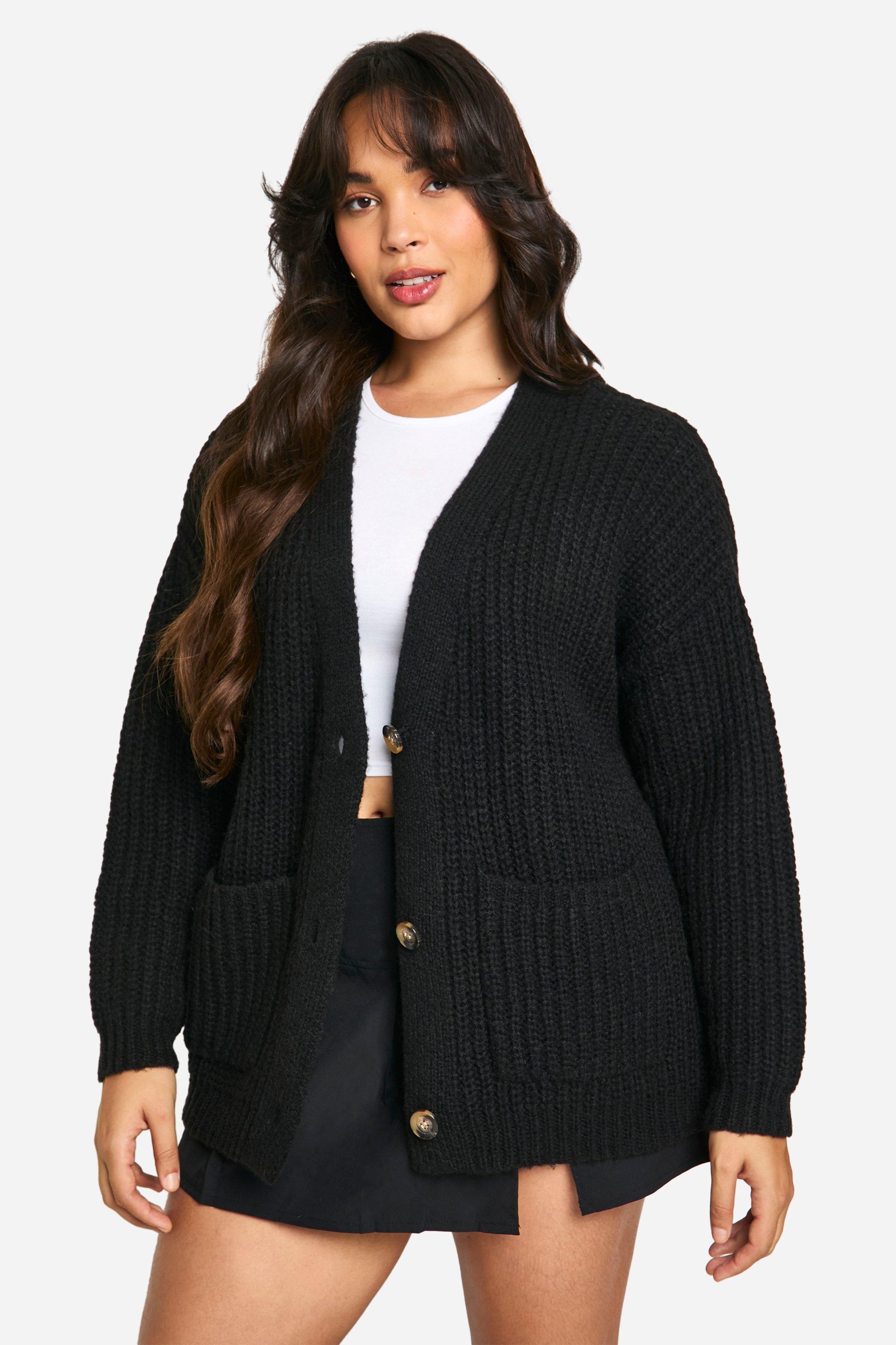 Boohoo Plus Oversized Zachte Gebreide Dikke Boyfriend Cardigan, Black