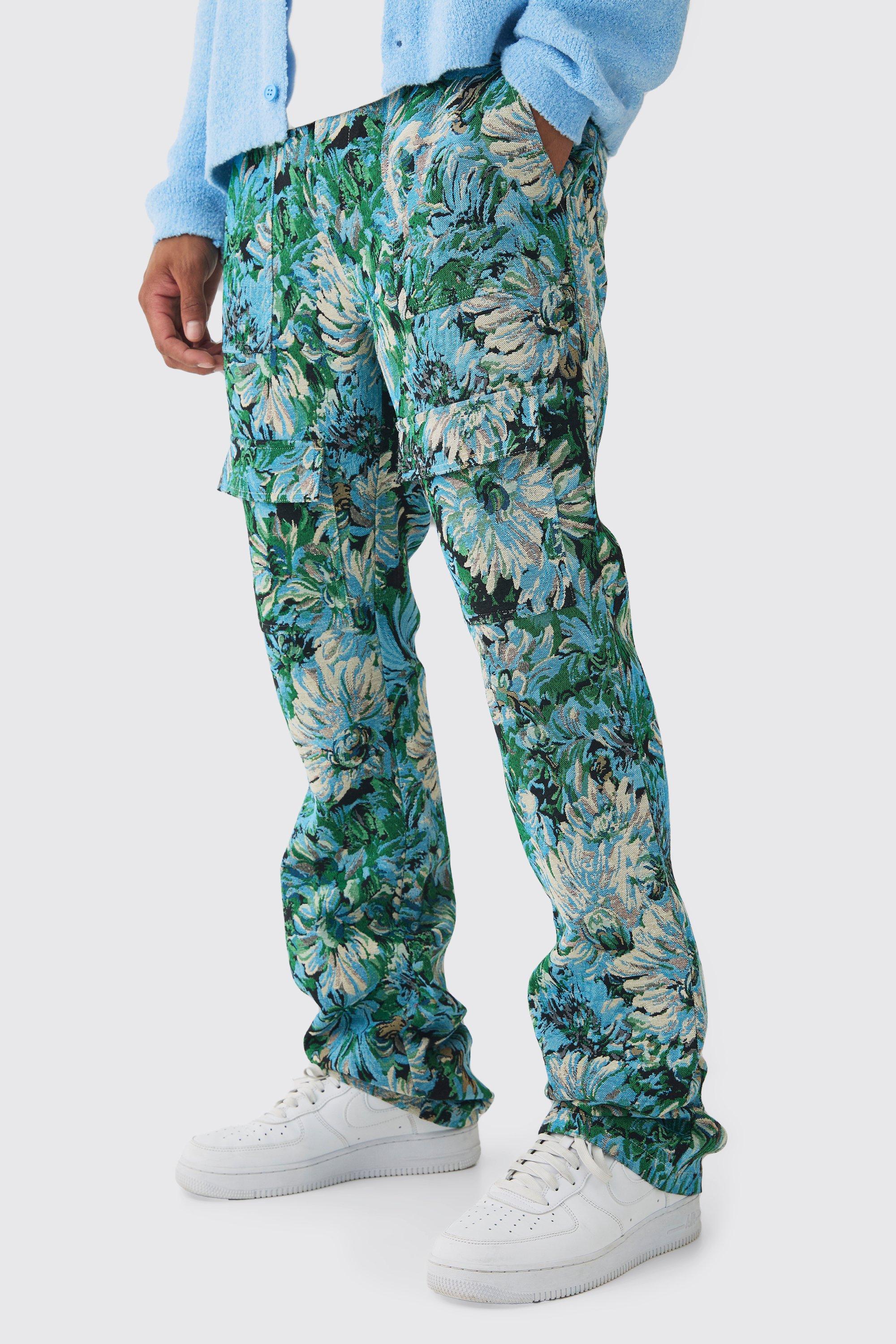 Boohoo Gestreepte Slim Fit Flared Bloemen Cargo Broek Met Tailleband, Blue