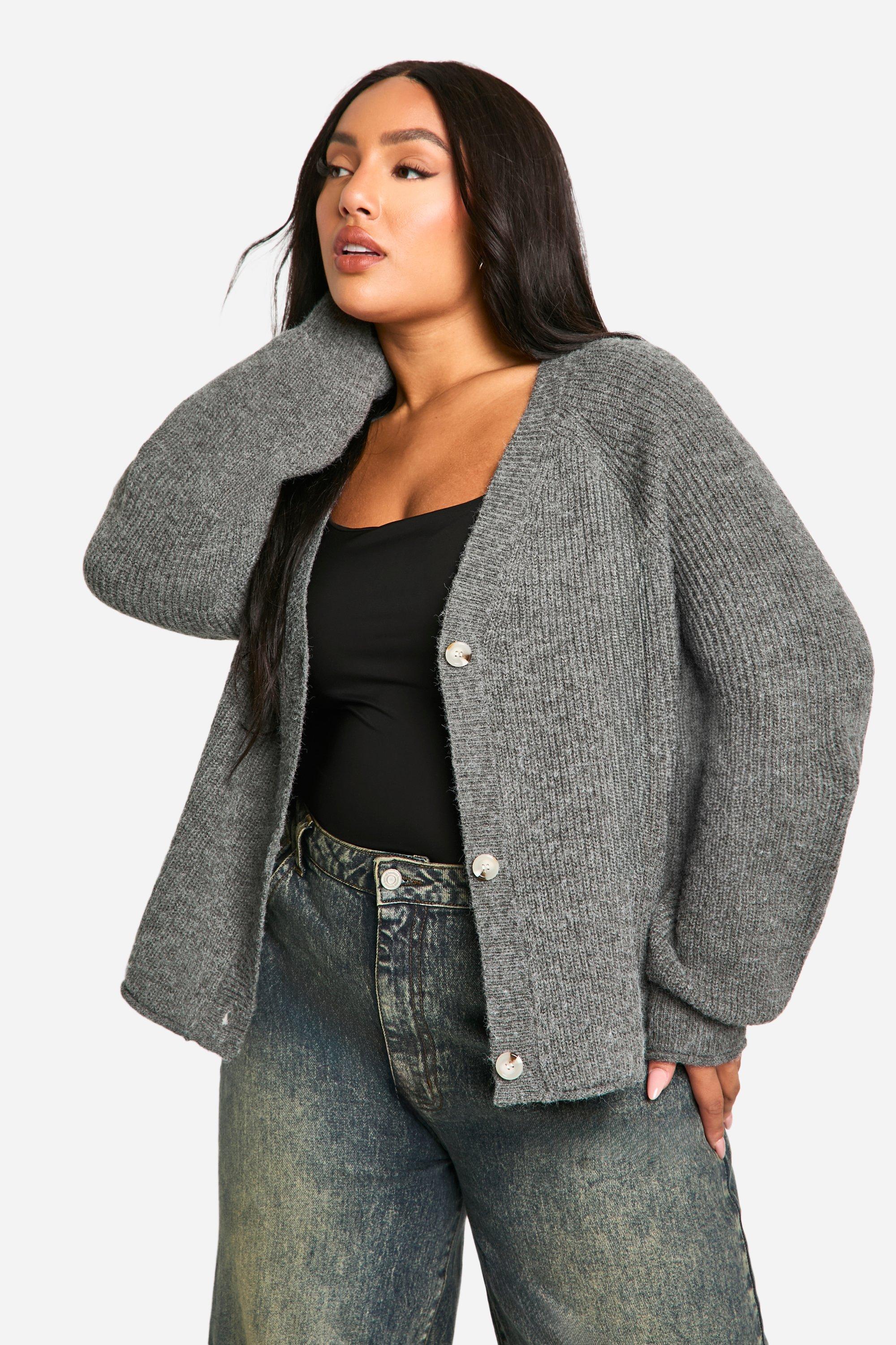 Boohoo Plus Dikke Boyfriend Cardigan Met Ballonmouwen, Charcoal