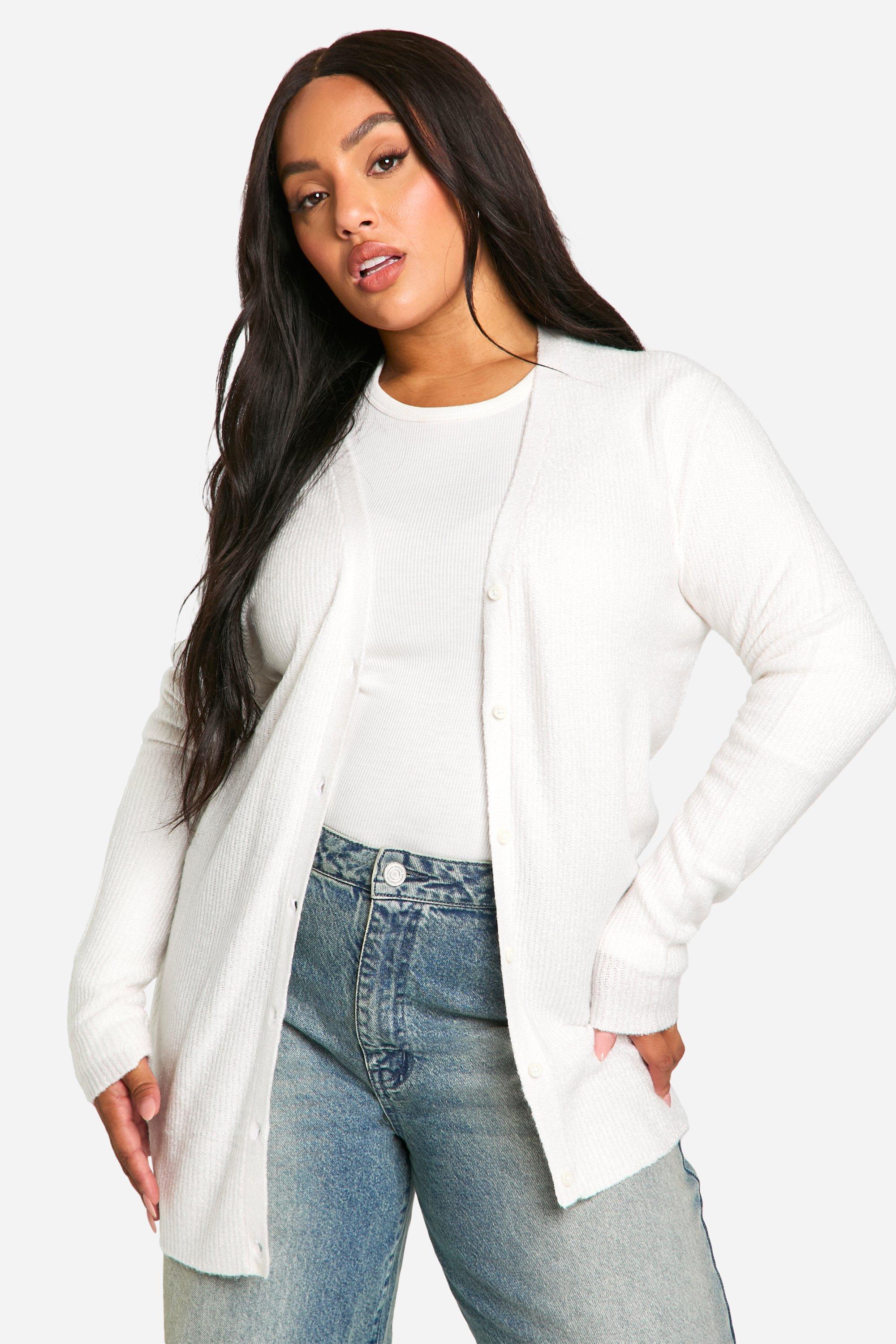 Boohoo Plus Zachte Geribbelde Gebreide Baggy Boyfriend Cardigan, Ecru